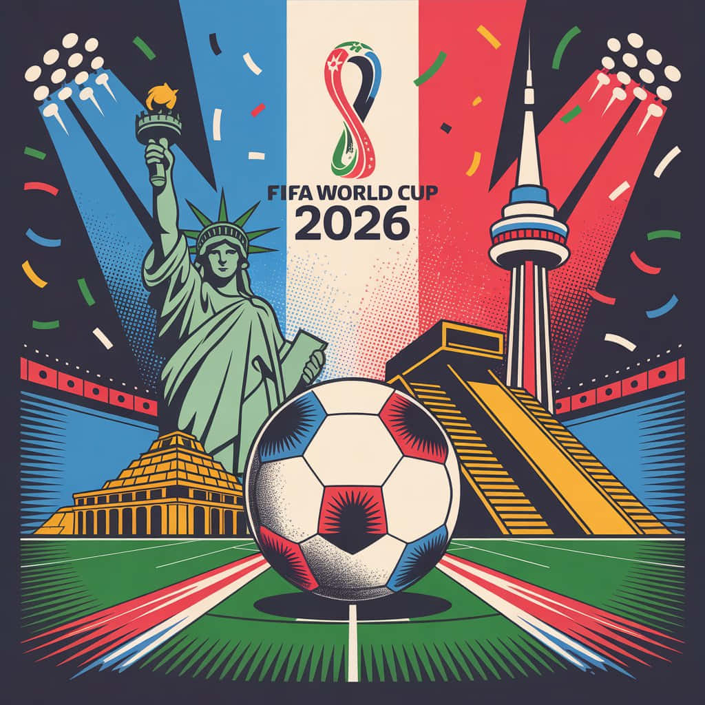 FIFA世界盃2026海報，足球和地標在五彩紙屑和聚光燈下