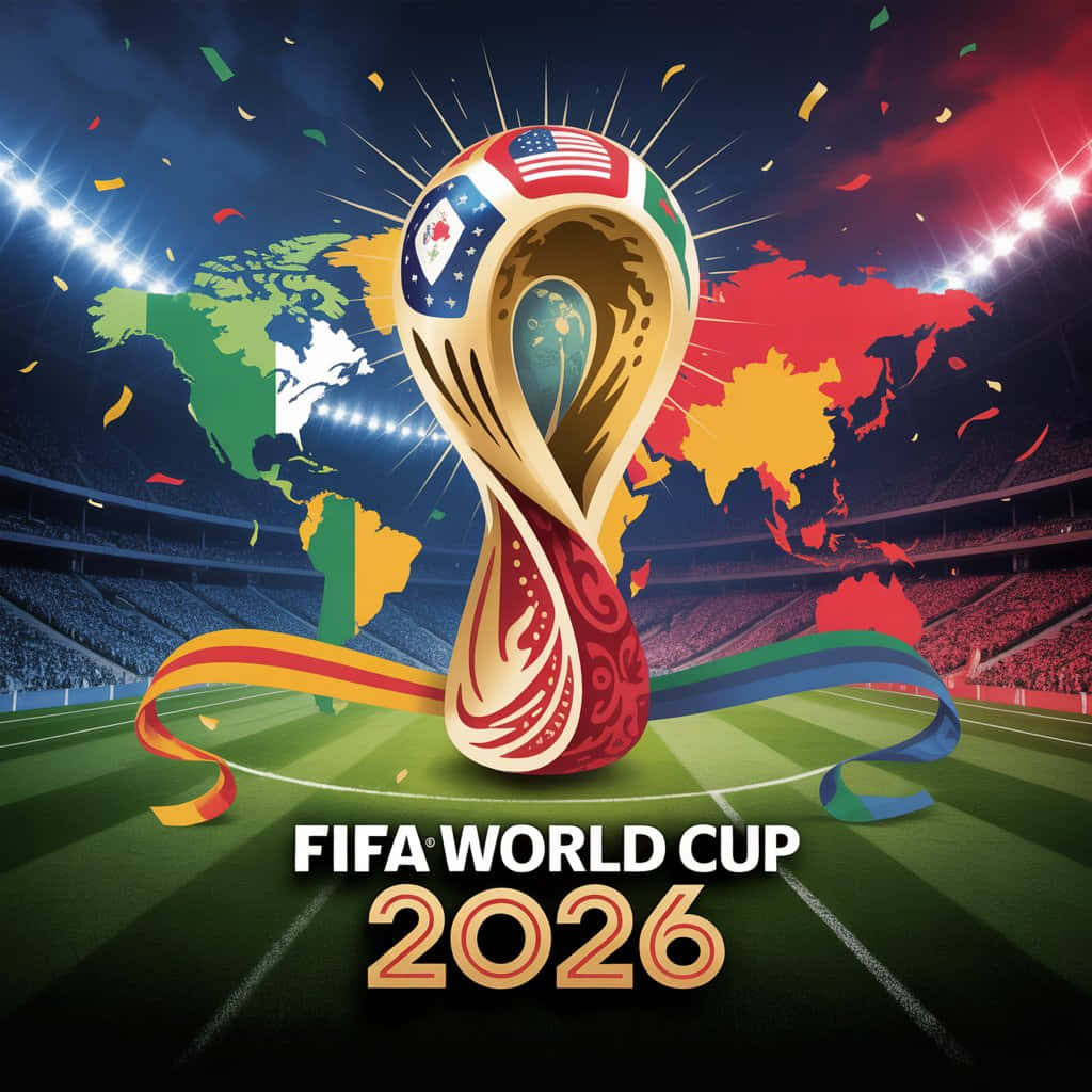 FIFA 2026 世界盃獎盃在足球場上，背景有世界地圖和五彩紙屑