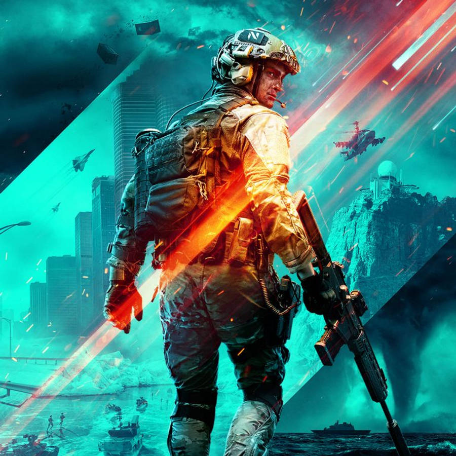 戰地2042激烈戰鬥 壁紙 — 一名全副武裝的士兵在霓虹燈照亮的戰區中，伴隨著飛行的無人機和照亮天空的爆炸，挑釁地站立著。