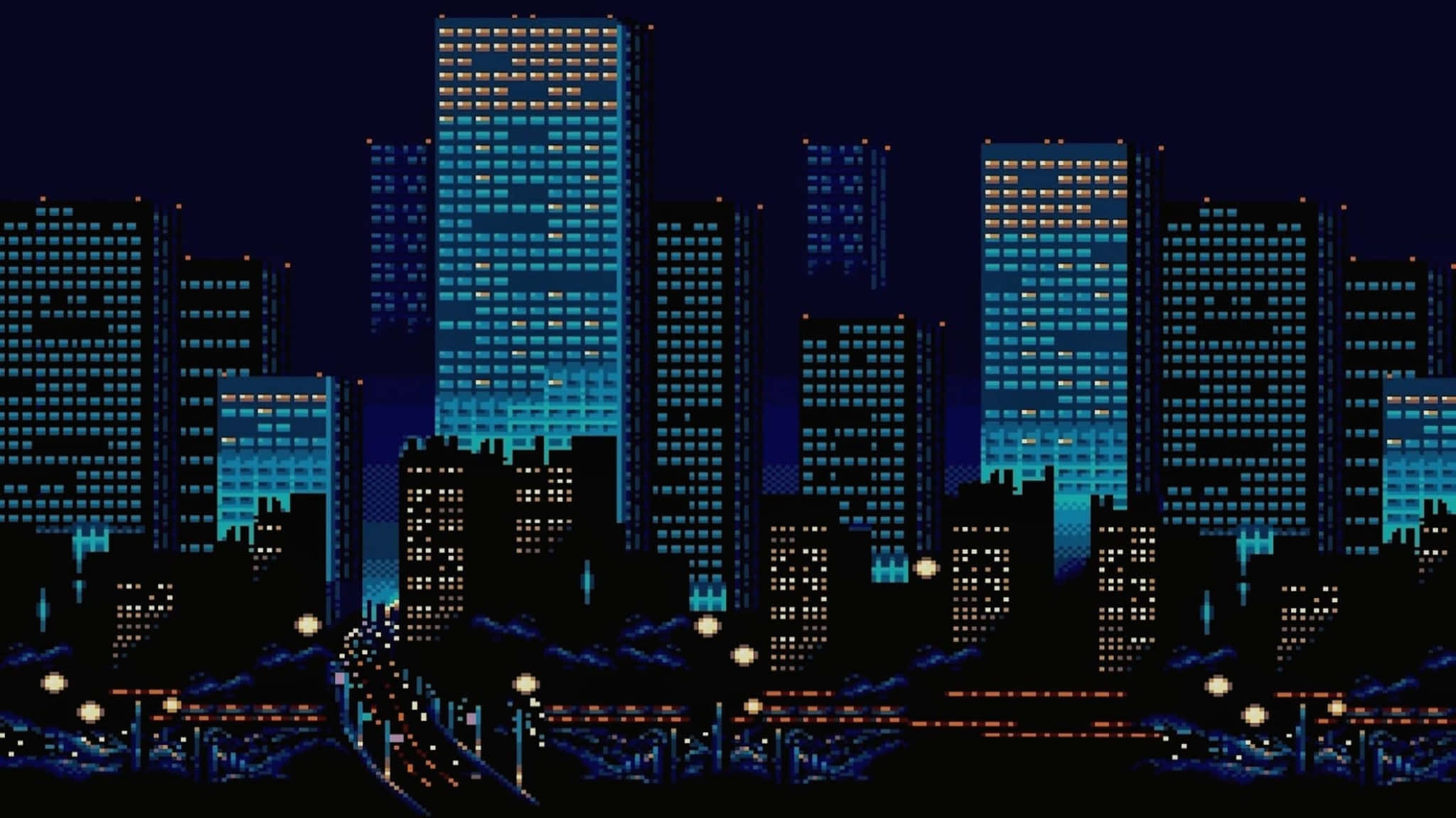 2048x1152 美學像素夜景城市 壁紙 — 夜晚的像素化城市天際線，帶有發光的藍色摩天大樓和下方的橙色街燈。