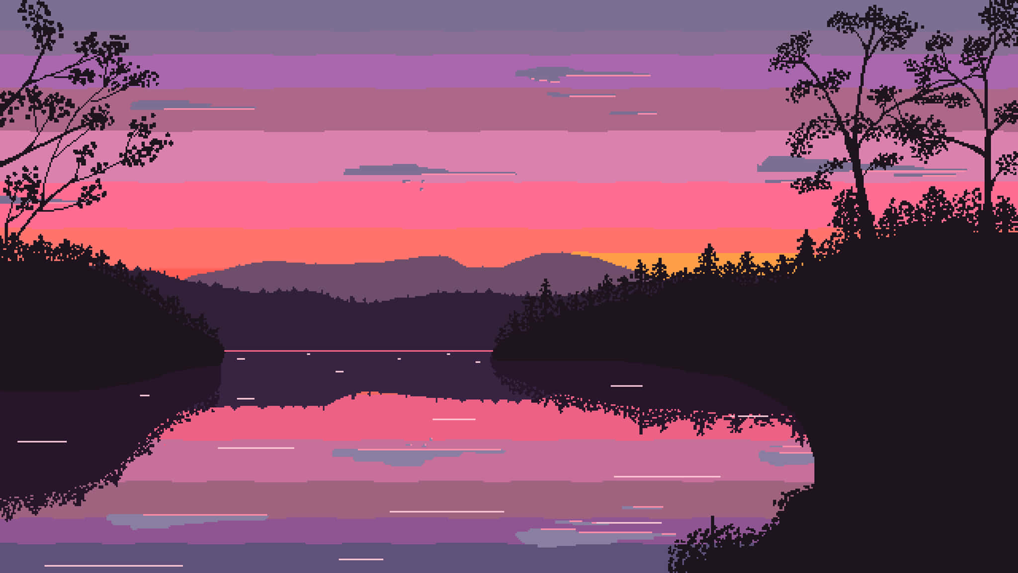 2048x1152 像素夕陽風景 壁紙 — 日落時分的像素藝術湖泊，剪影樹木和山脈映照出充滿活力的粉紅色、橙色和紫色天空。