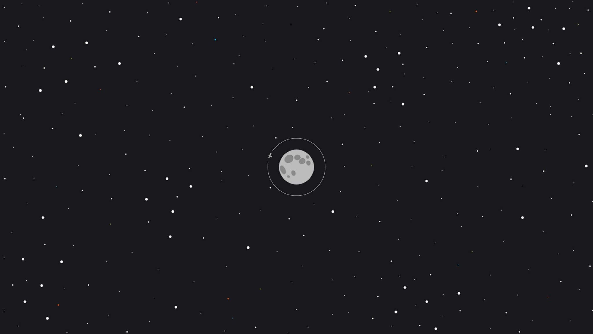 2048x1152極簡月與星 壁紙 — 一個極簡風格的數位插圖，描繪月亮被星星環繞在黑暗的夜空中的景象。