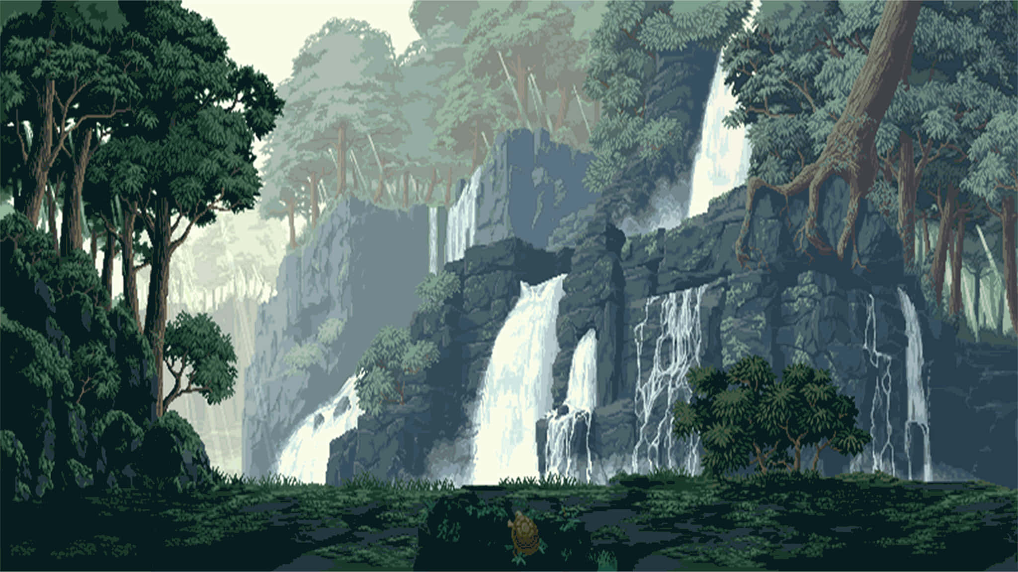 色彩繽紛的 2048x1152 像素螢幕壁紙 壁紙 — 一道寧靜的像素藝術瀑布穿過茂密的綠色森林，霧氣繚繞的懸崖和濃密的樹葉。