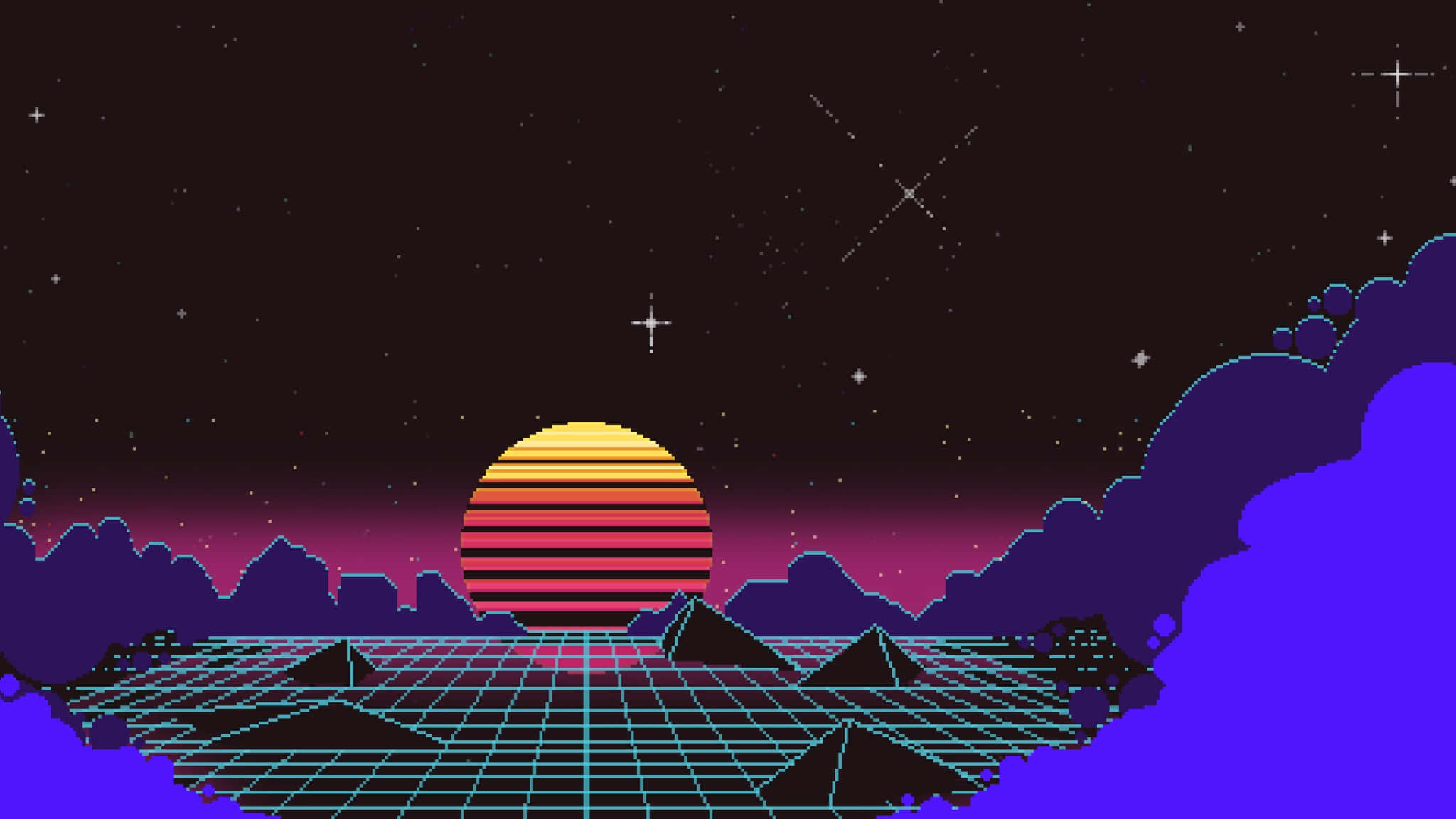 以 2048 x 1152 像素享受卓越影像品質 壁紙 — 一個像素化的復古未來主義日落，在繁星點點的夜空下，發光的網格景觀上有一條紋太陽。