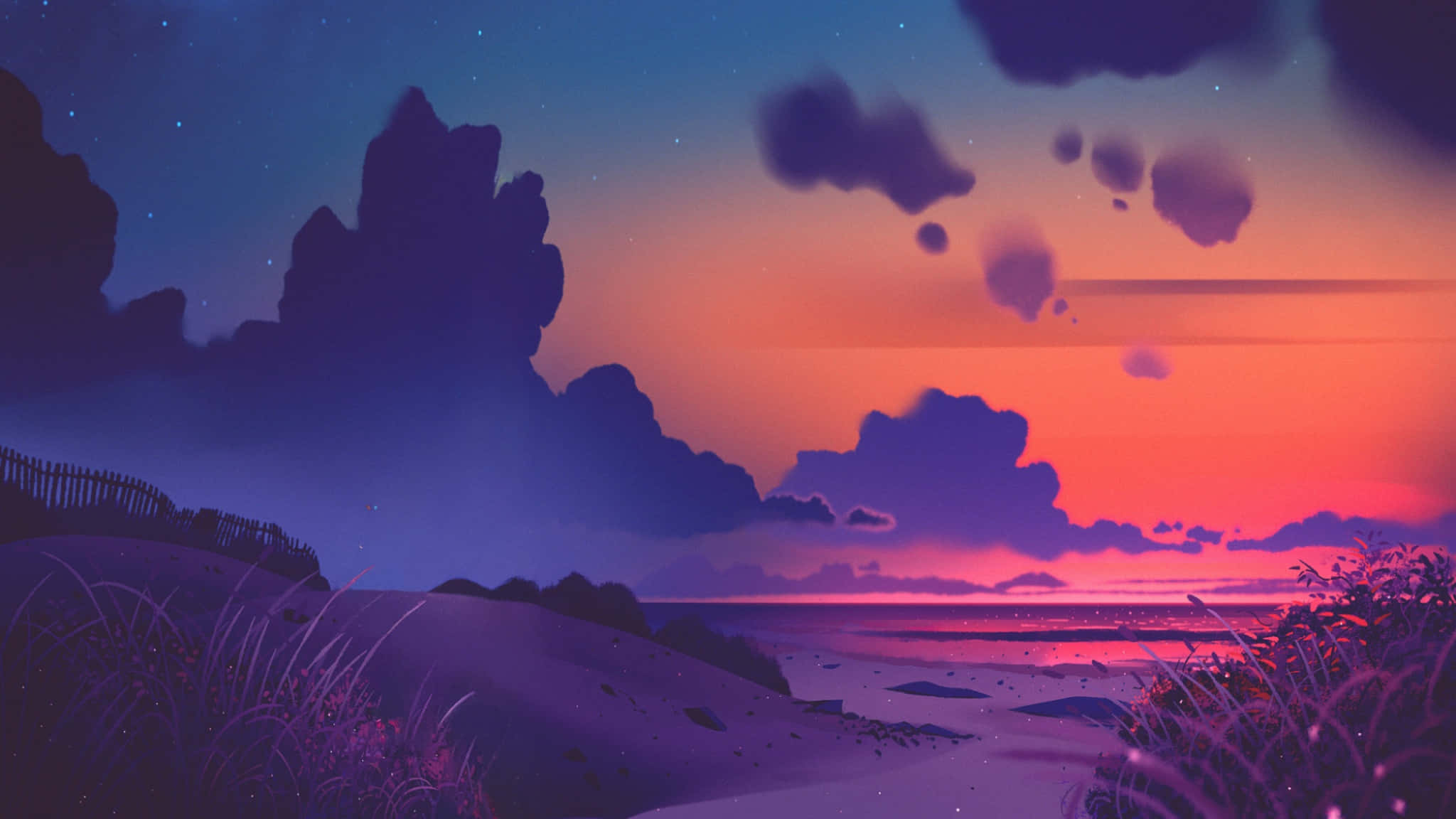 2048x1152 美學數位藝術夕陽海灘 壁紙 — 寧靜的黃昏海岸景色，紫色和橙色的天空，剪影般的懸崖，以及沿著海岸線閃爍的草叢。
