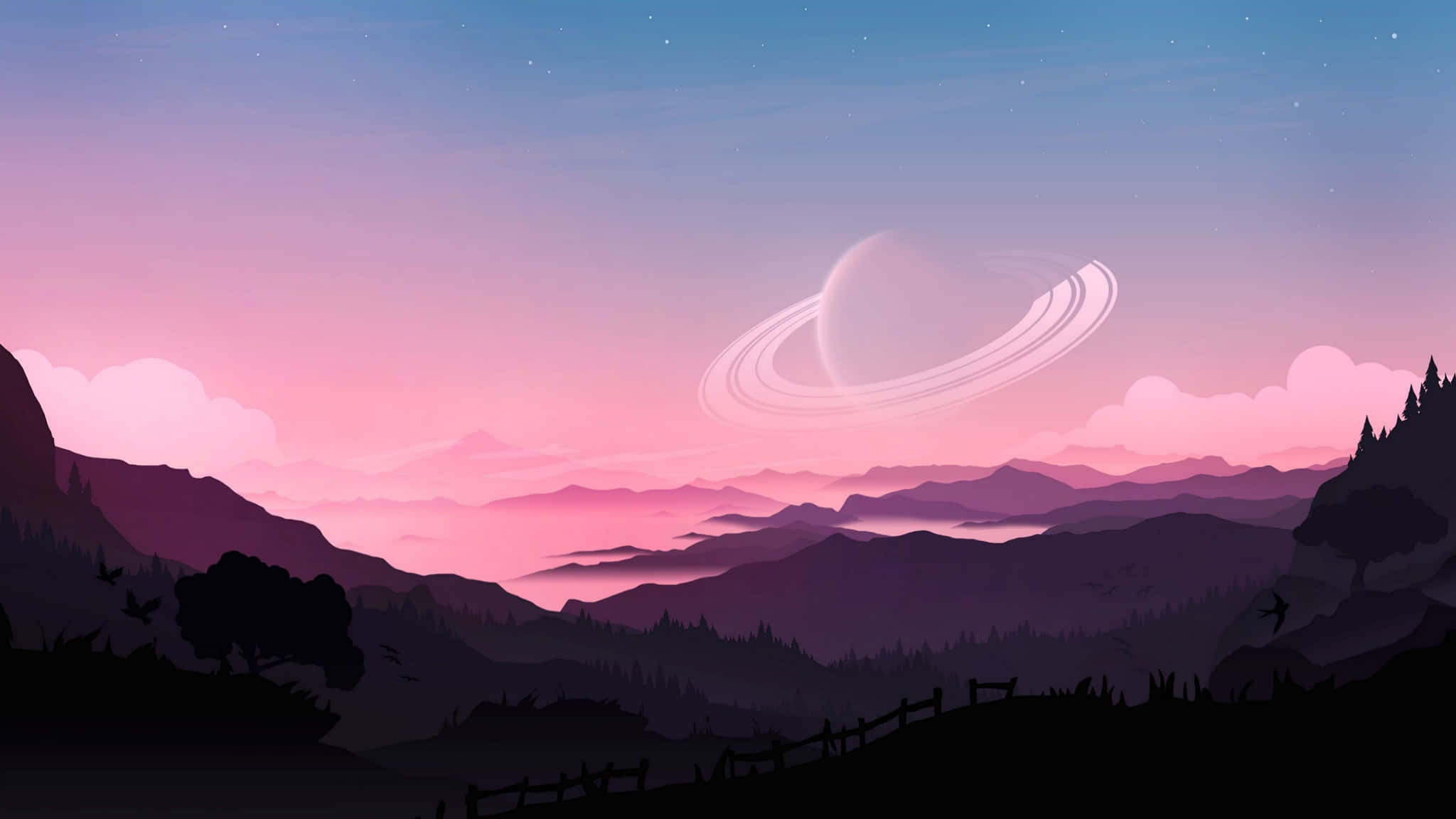 2048x1152 美學粉紅天空山景 壁紙 — 超現實的暮色景觀，有剪影山脈和一個發光的環狀行星懸浮在地平線上方。