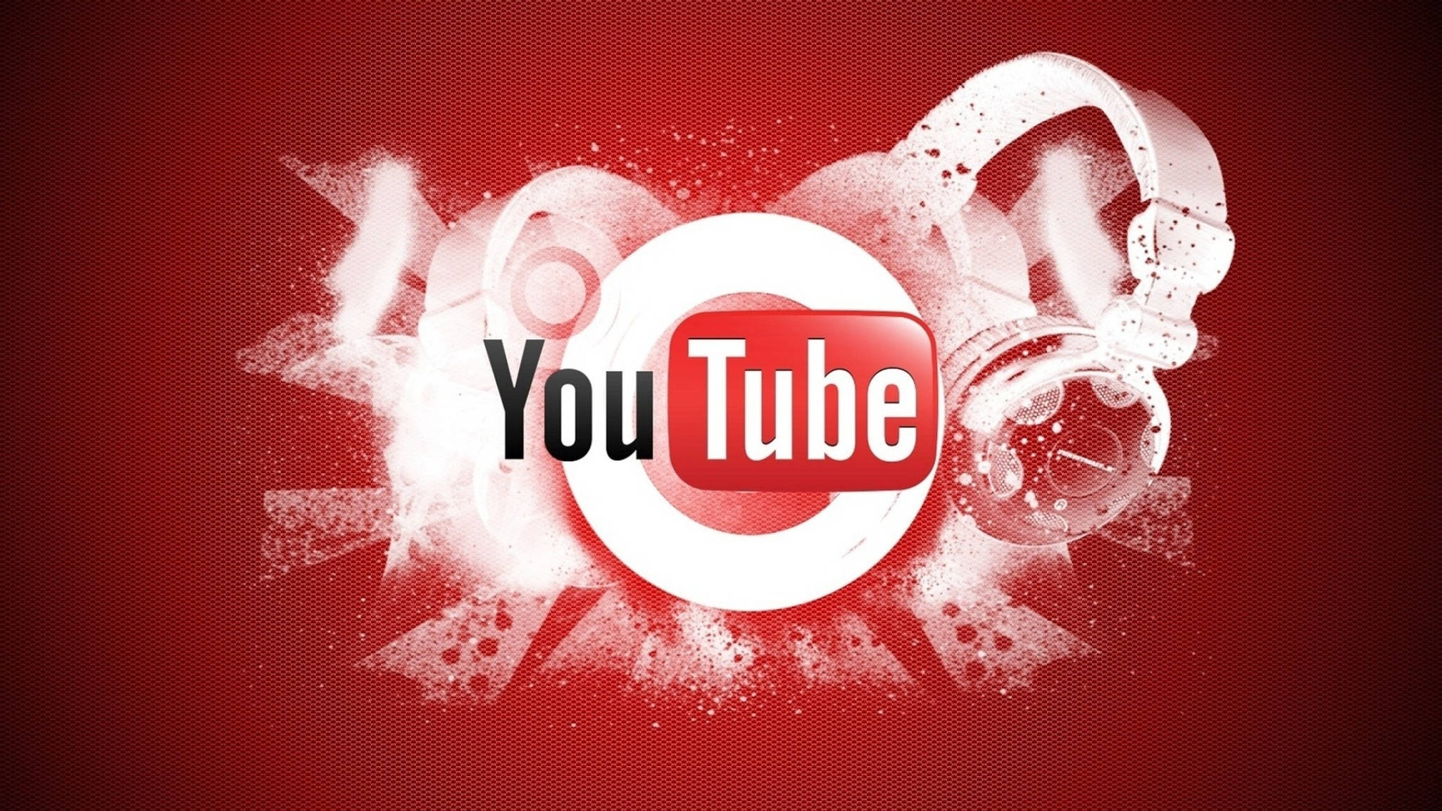 2048x1152 YouTube 藝術抽象圖 壁紙 — YouTube 標誌在紋理紅色背景上爆出白色飛濺和耳機。