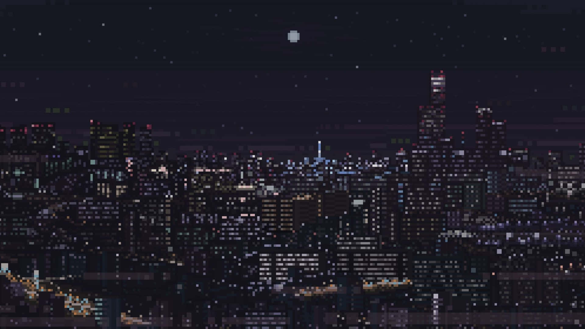 像素化城市景觀夜景，帶有發光的窗戶和天空中明亮的月亮。