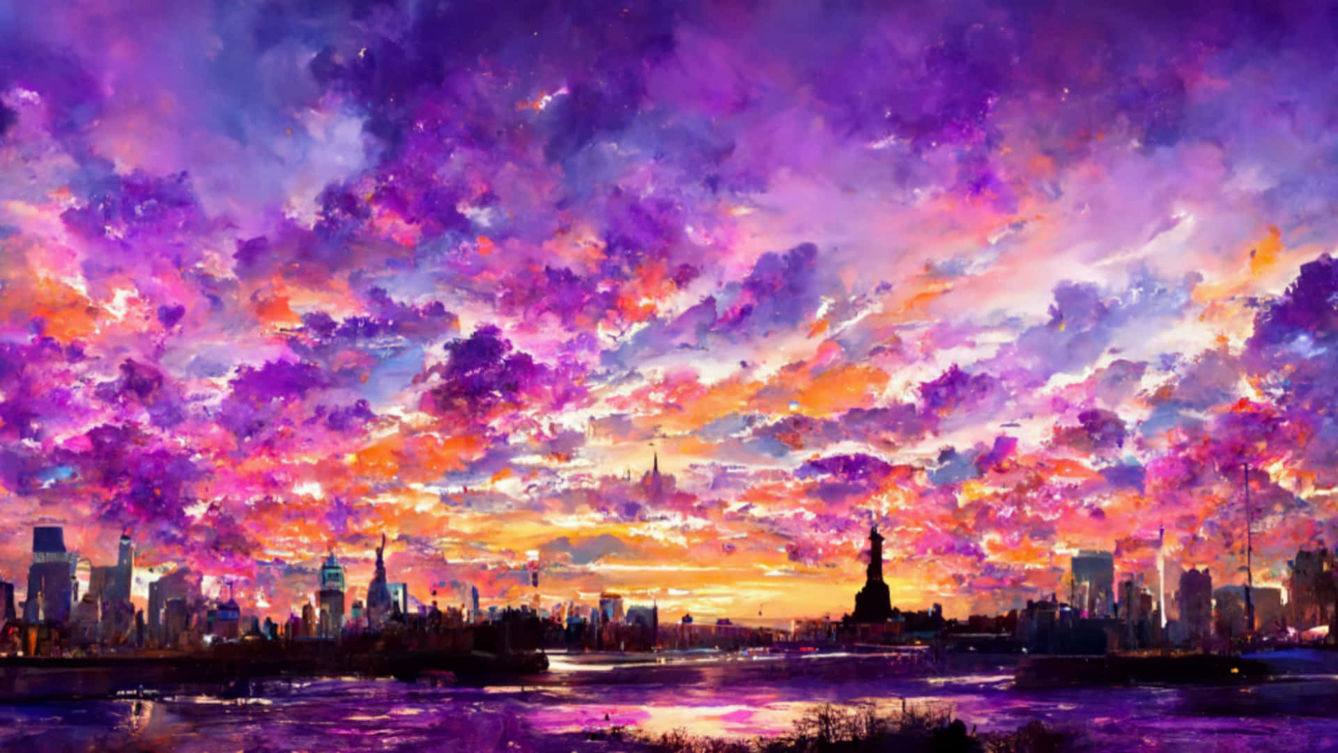2048x1152 美學淡色城市畫作 壁紙 — 充滿活力的紫色和橙色日落描繪了紐約天際線，自由女神像在戲劇性的雲層中呈現剪影。