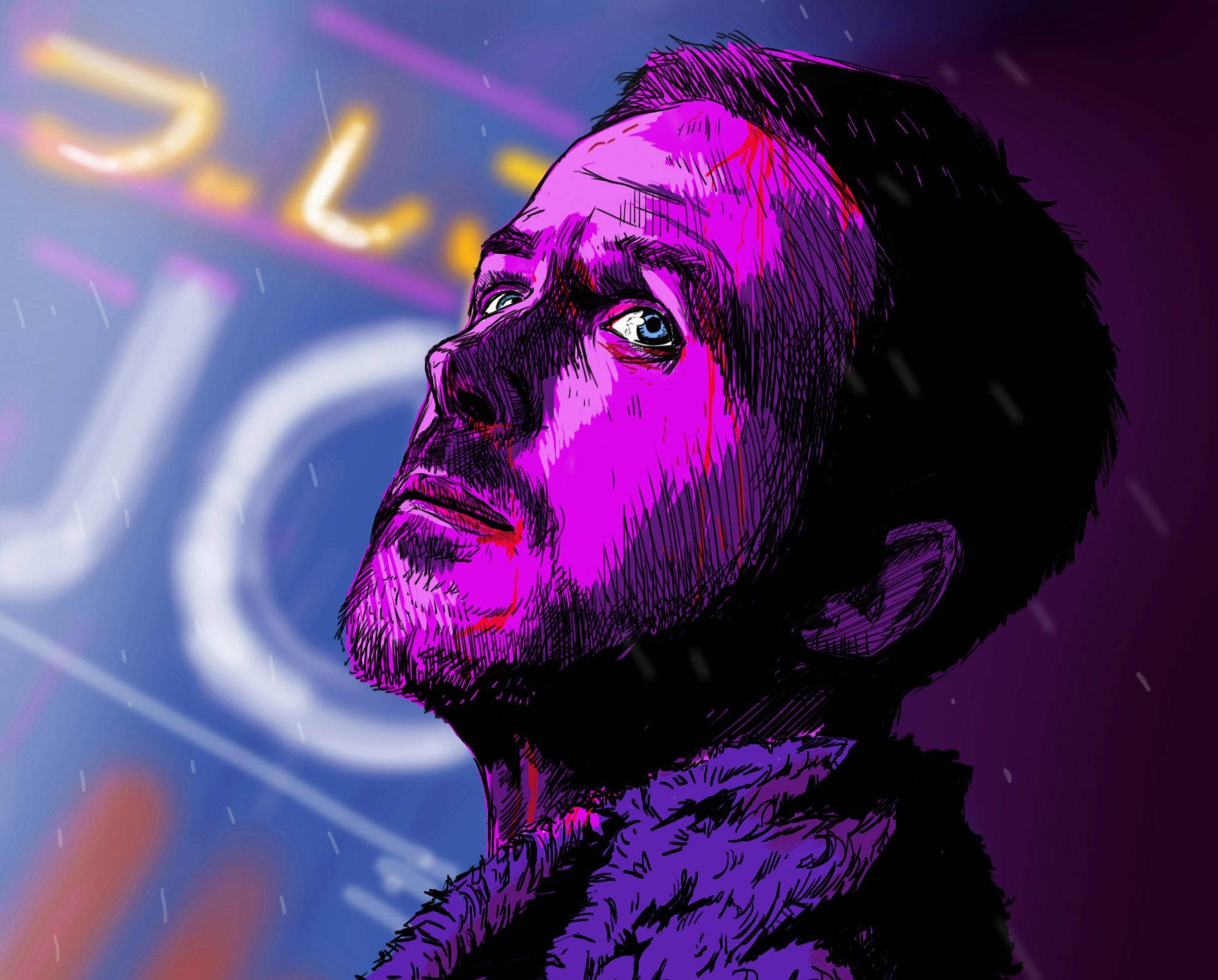 紫色粉絲藝術《銀翼殺手2049》4K 壁紙 — 一個風格化的男人在紫色燈光下，在雨中的霓虹城市場景中向上凝視。