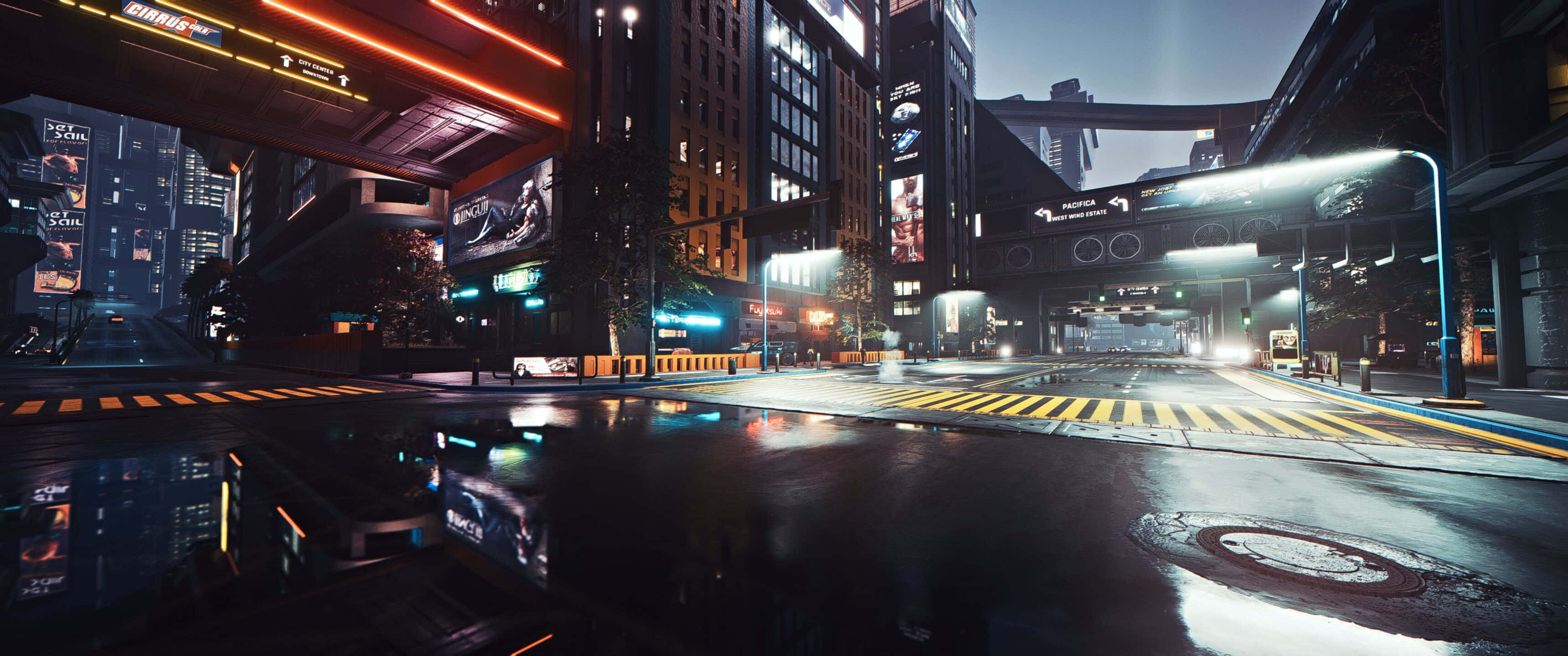 賽博朋克2077夜之城黃色斑馬線街道 1440p 背景 壁紙 — 雨濕的未來城市街道夜景，霓虹燈光在摩天大樓下的水窪中反射。