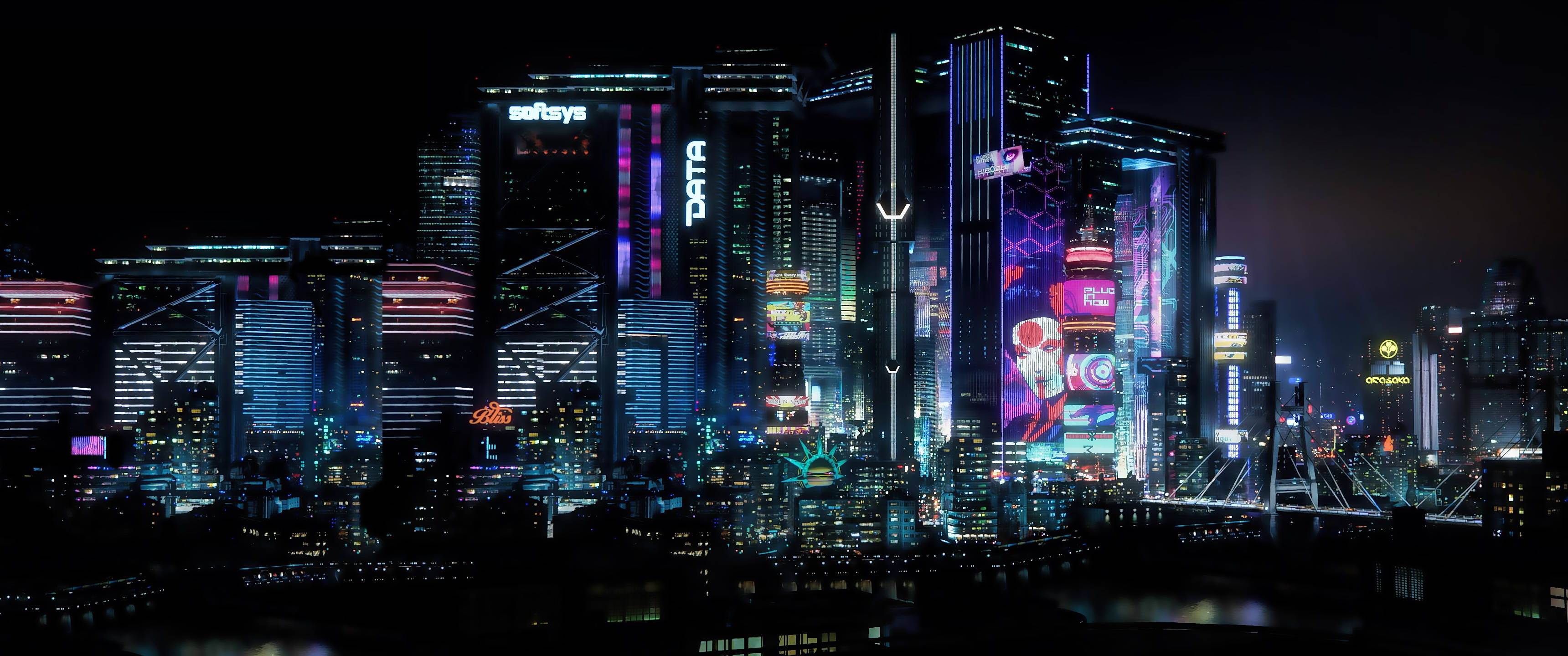 賽博朋克 2077 3440x1440 城市摩天大樓 壁紙 — 令人眼花繚亂的夜景，高聳的摩天大樓閃爍著霓虹燈和數碼廣告牌，倒映在水面上。