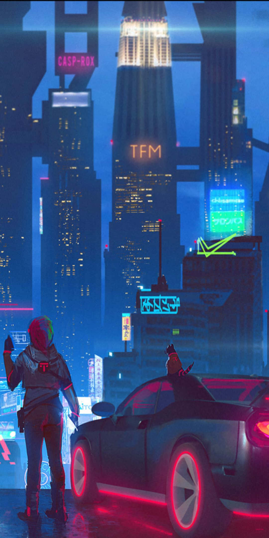 時尚賽博朋克 2077 Pixel 3 背景 壁紙 — 夜晚，一個孤獨的身影戴著發光頭盔，站在一輛霓虹燈跑車旁，背景是高聳的賽博朋克城市景觀。