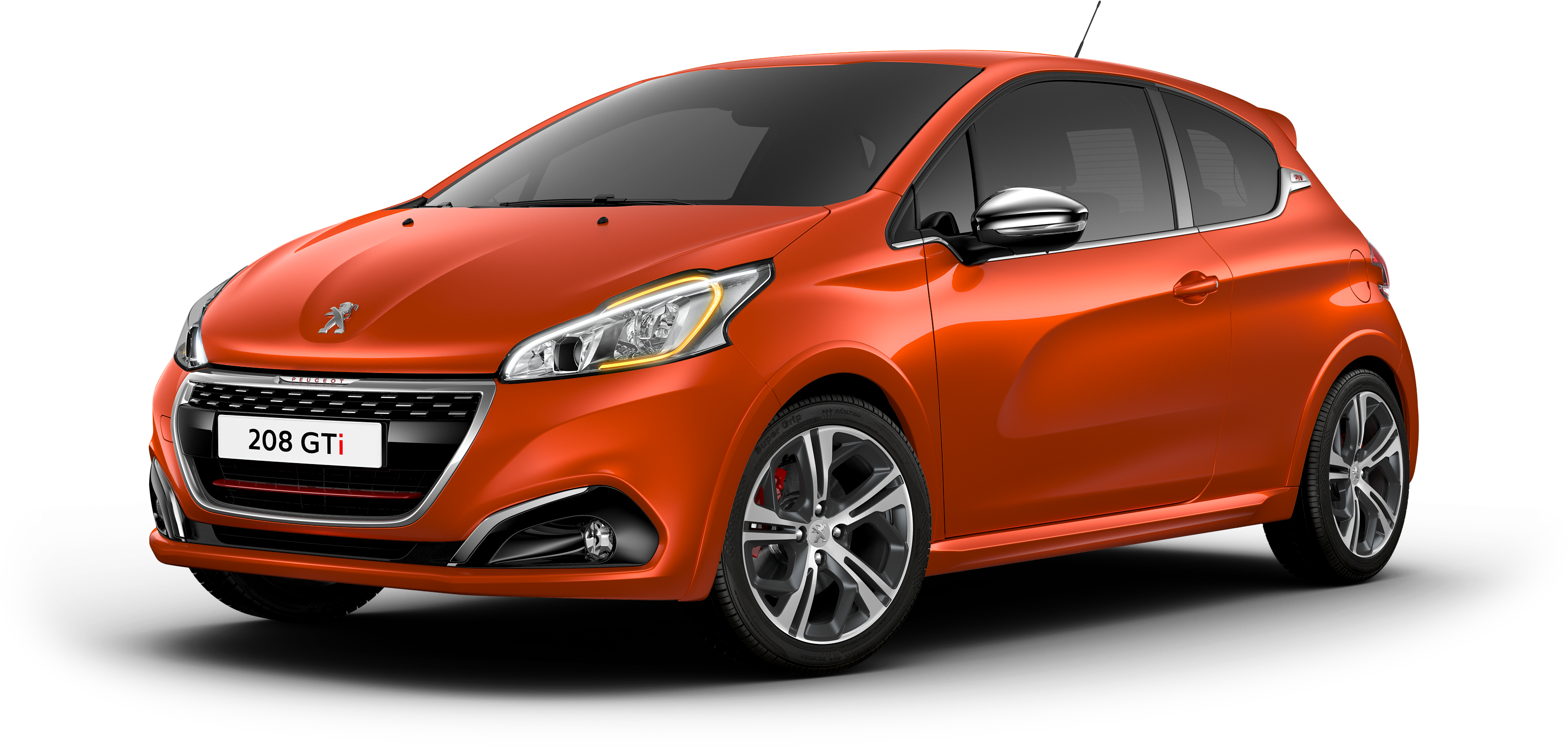 橙色標致208 GTi側面視圖 壁紙 — 一輛充滿活力的橙色Peugeot 208 GTi跑車在攝影棚燈光下，在純黑背景上閃閃發光。