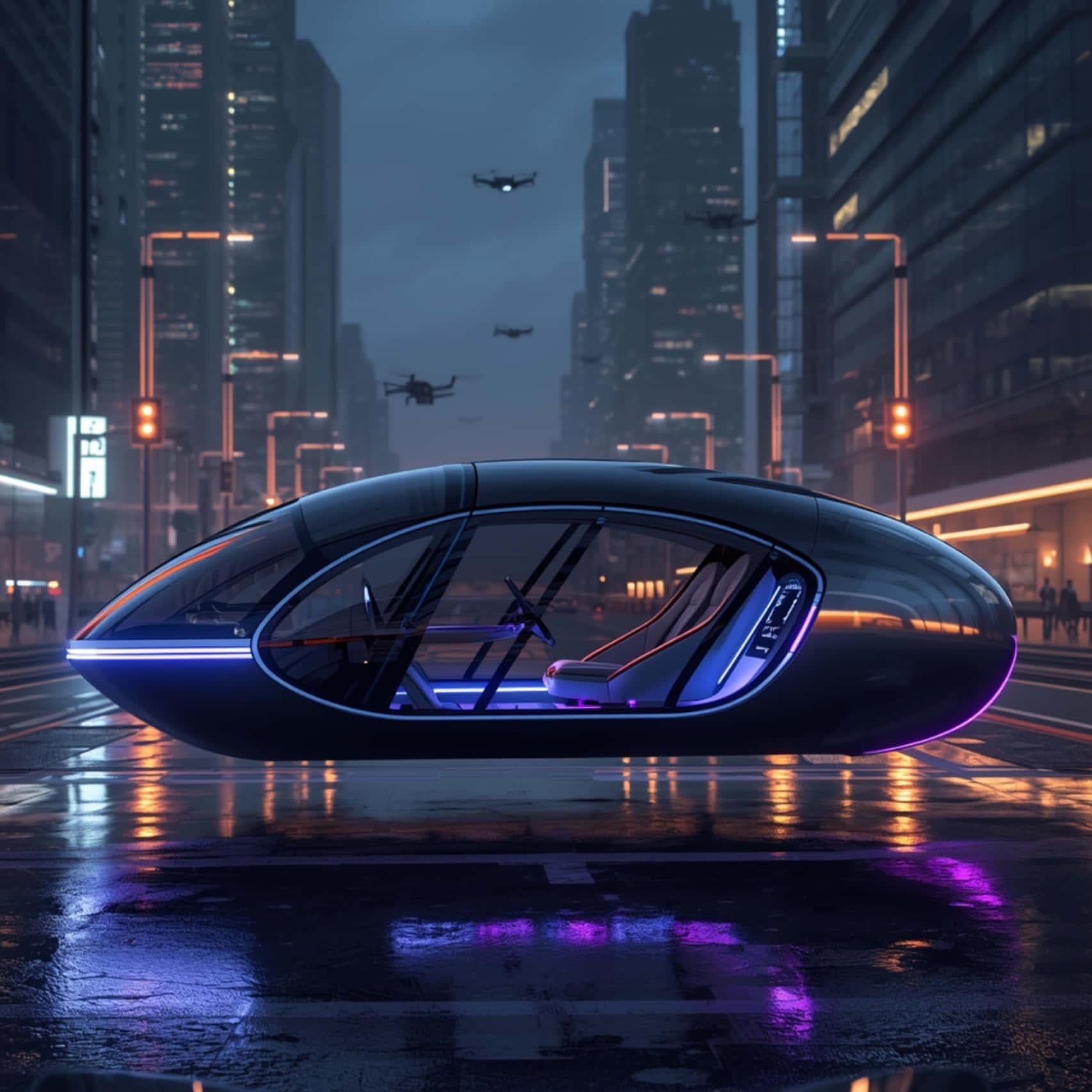 2080年賽博龐克城市中的未來飛行汽車，霓虹燈光與自動駕駛科技 壁紙 — 一架時尚的黑色飛行汽車，帶有發光的藍色和紫色燈光，懸浮在一條潮濕的霓虹燈城市街道上，無人機在頭頂飛過。