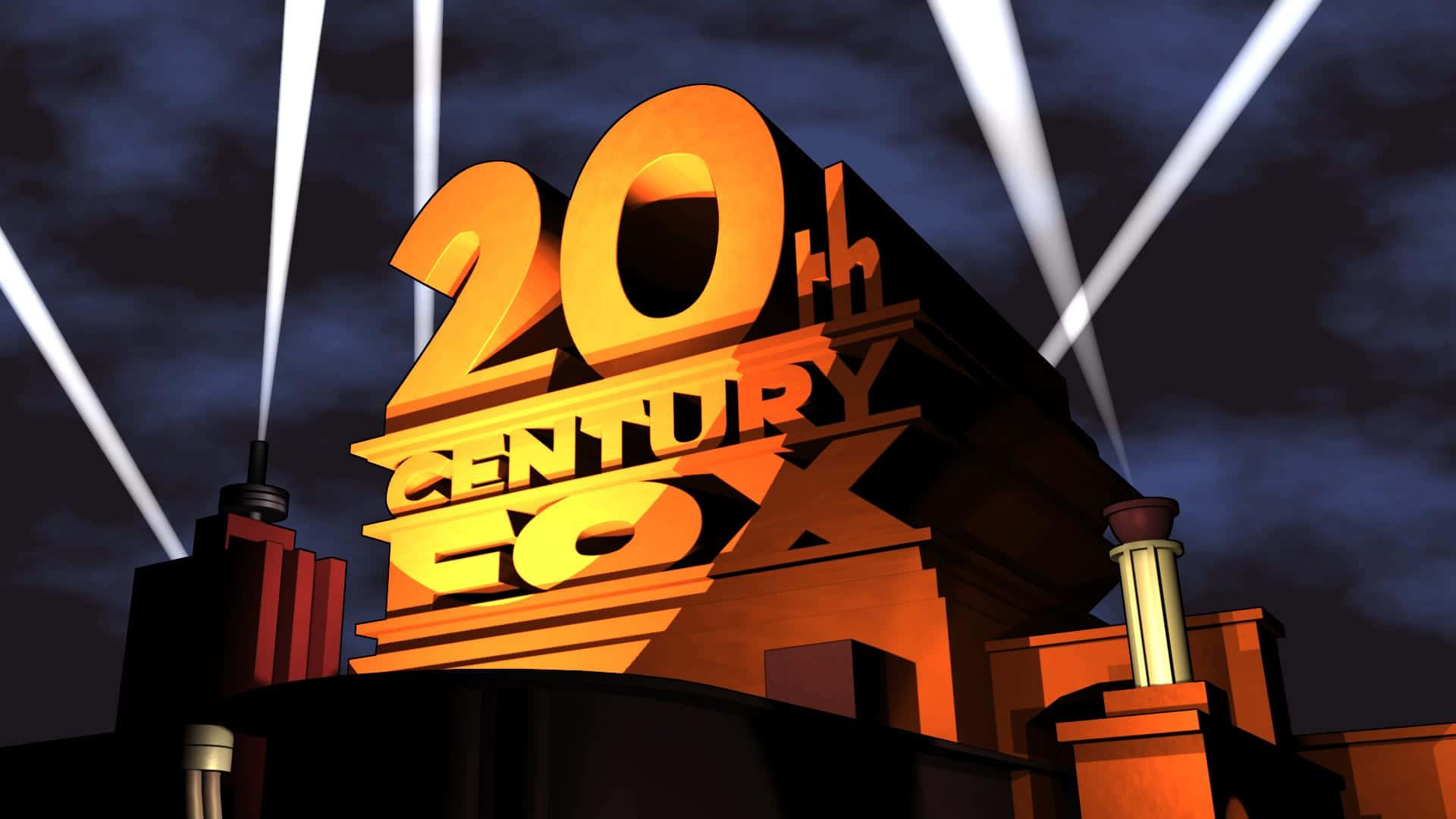 夜晚被聚光燈照亮嘅金色20th Century Fox標誌。
