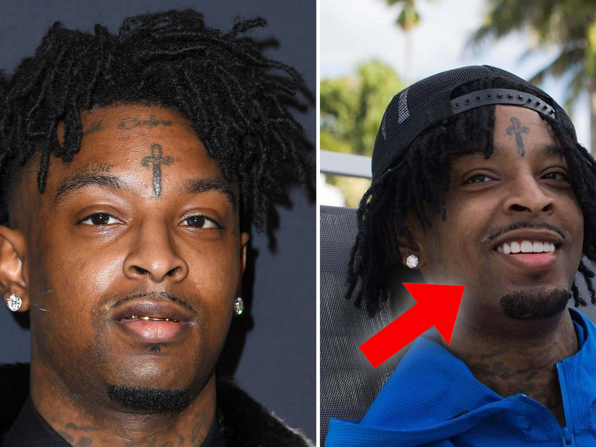 21 Savage 現場演出 壁紙 — 說唱歌手21 savage的肖像，額頭上有十字紋身和辮子，在兩種對比環境中。