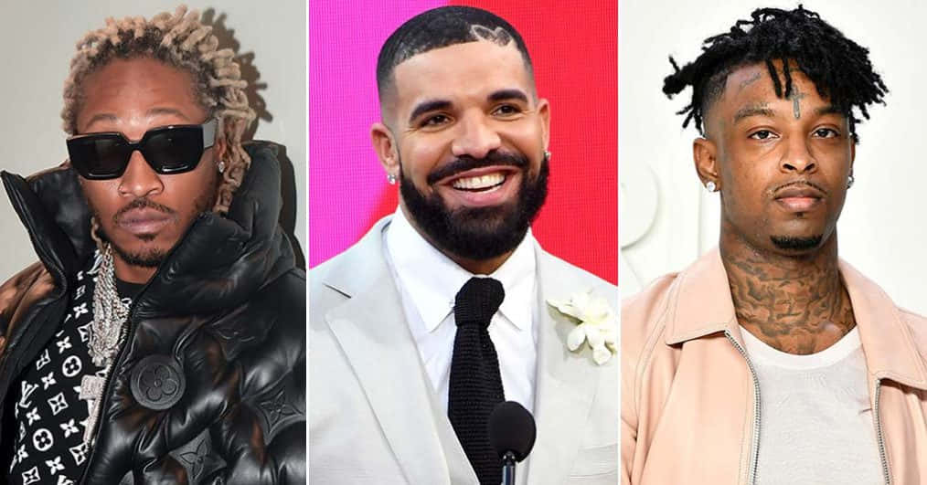 21 Savage，陷阱音樂之王 壁紙 — 三位時尚男明星自信地擺出姿勢，穿著不同的服裝，背景色彩繽紛。