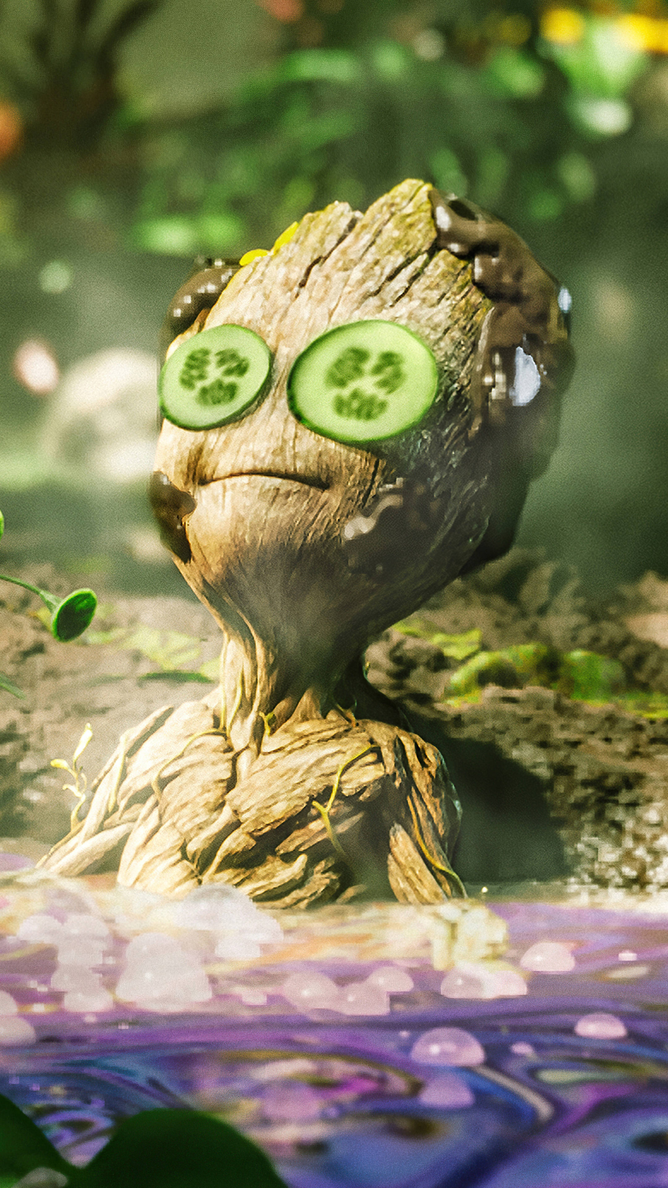 嬰兒格魯特 2160x3840 壁紙 — 一個可愛的樹狀生物，眼睛上放著青瓜片，在一個被綠色植物環繞的紫色發光池塘中放鬆。