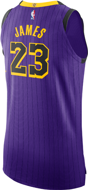 湖人隊23號球衣 壁紙 — 紫色NBA球衣背面，帶有黃色輪廓的「JAMES 23」文字和NBA標誌。