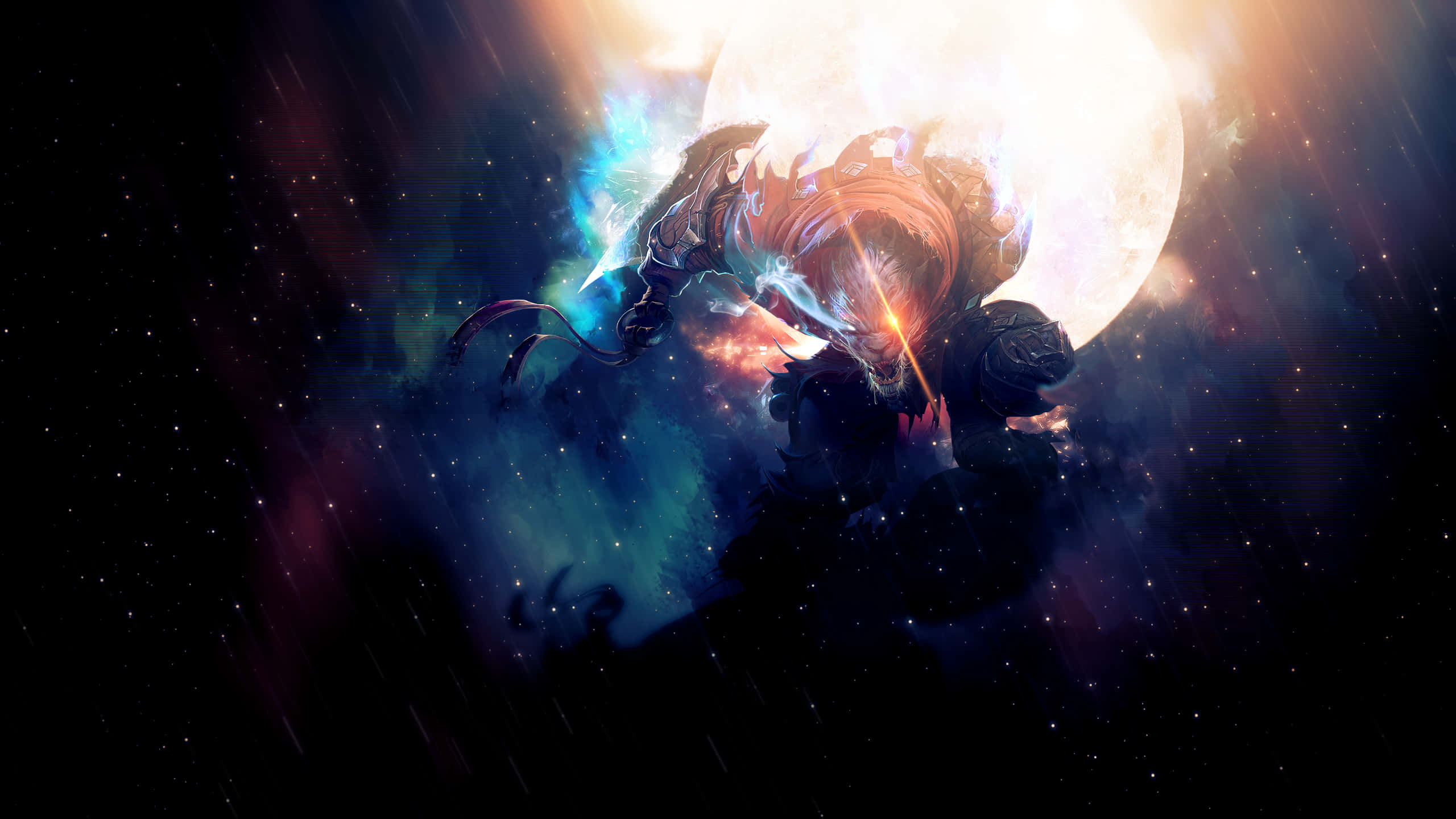 《英雄聯盟》夜行者雷恩加爾 2440x1440 背景圖 壁紙 — 一位宇宙戰士在旋轉的星雲和星星中，手持發光劍與巨大的月亮戰鬥。