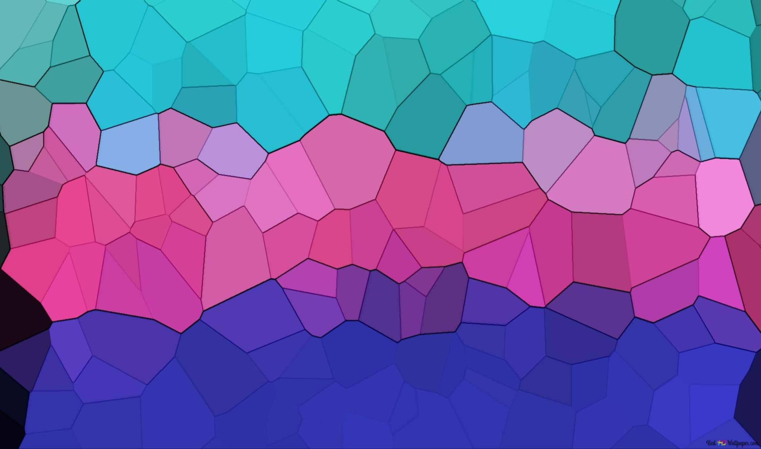 彩色馬賽克 2440x1440 AMOLED 背景 壁紙 — 充滿活力的幾何馬賽克，由青綠色、粉紅色和藍色的多邊形瓷磚組成，形成平滑的色彩漸變。