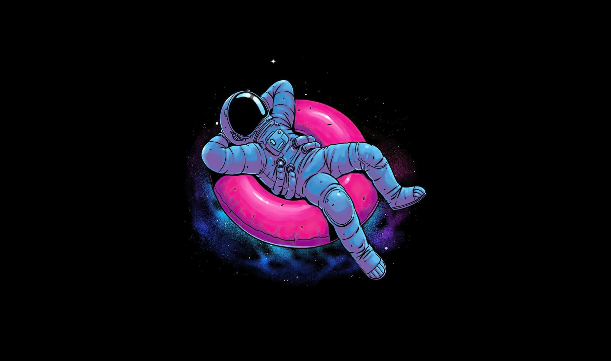 太空人漂浮壁紙 2440x1440 AMOLED 壁紙 — 一名太空人喺星光宇宙背景下，放鬆咁漂浮喺一個螢光粉紅色充氣圈入面。