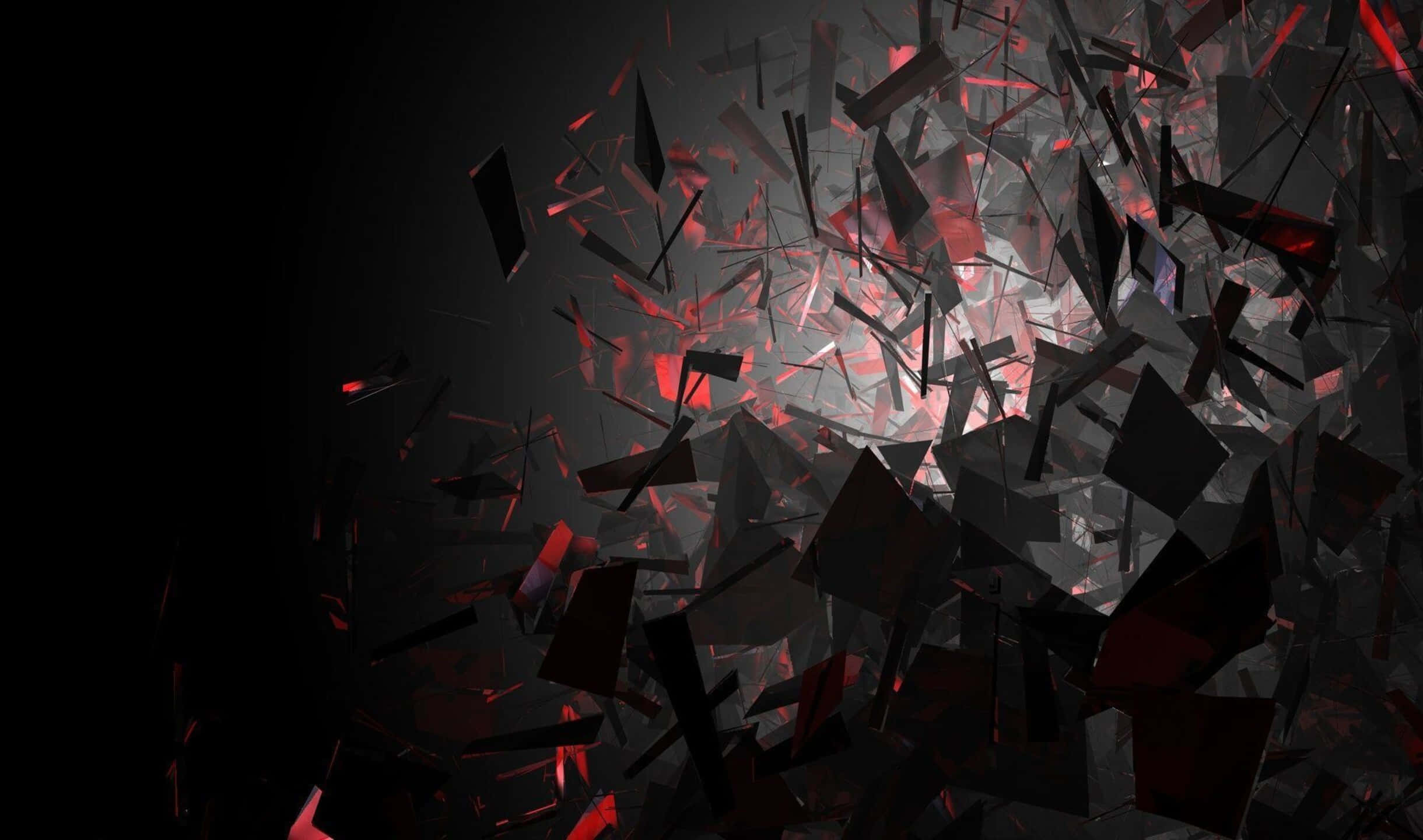 紅黑碎片 2440x1440 AMOLED 背景 壁紙 — 破碎的玻璃碎片在黑暗空間中爆炸，帶有發光的紅色邊緣和明亮的白色核心。