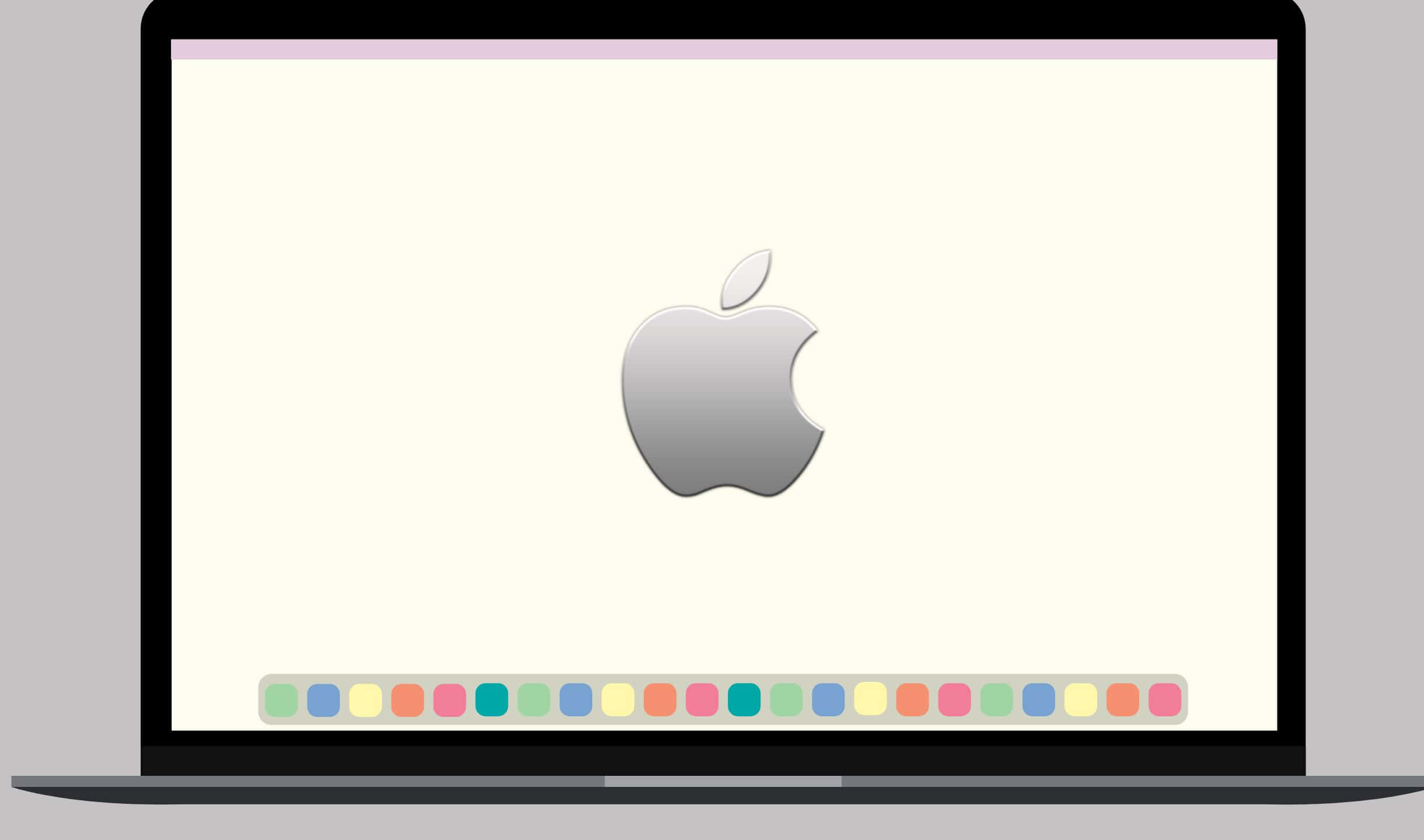 2440x1440 Apple 標誌於 Mac 背景 壁紙 — 一部時尚的銀色手提電腦在米色背景上顯示標誌性的Apple標誌，底部有色彩繽紛的Dock。