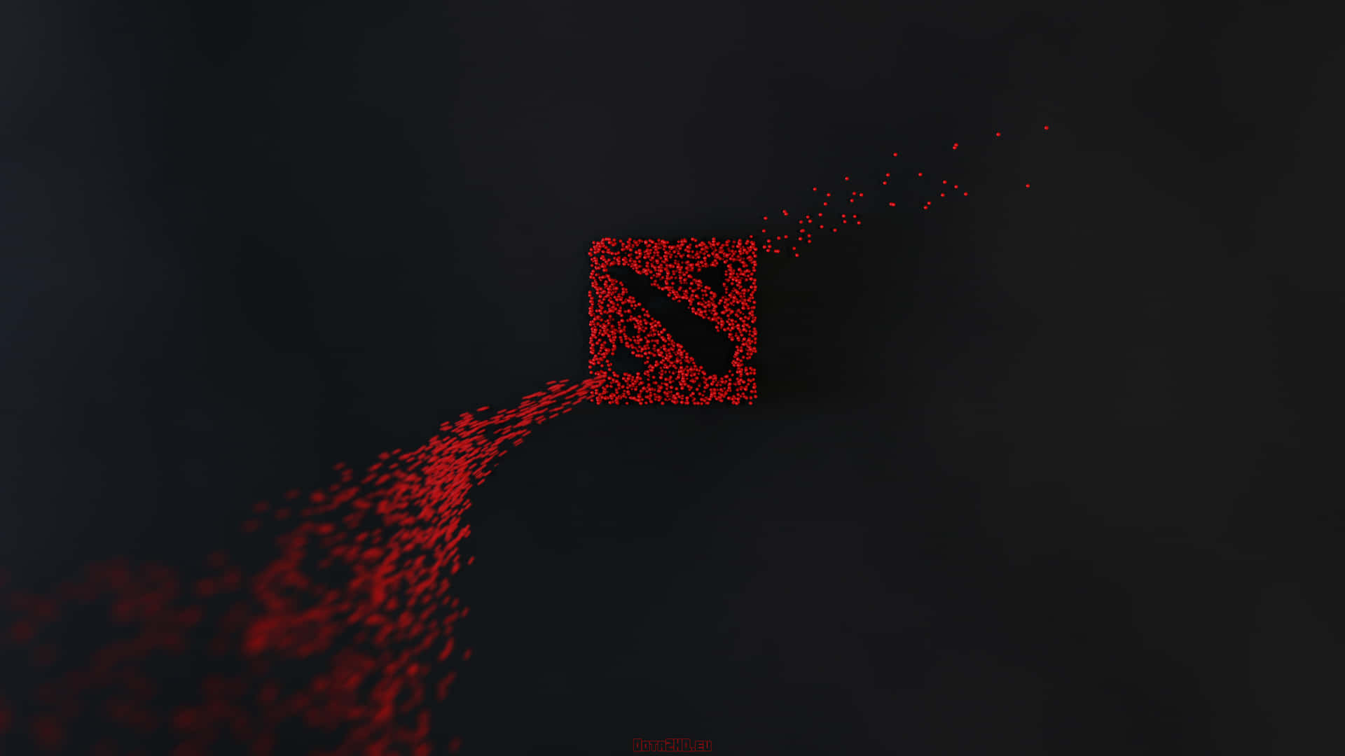 深色背景上由發光粒子形成的紅色 Dota 2 標誌。