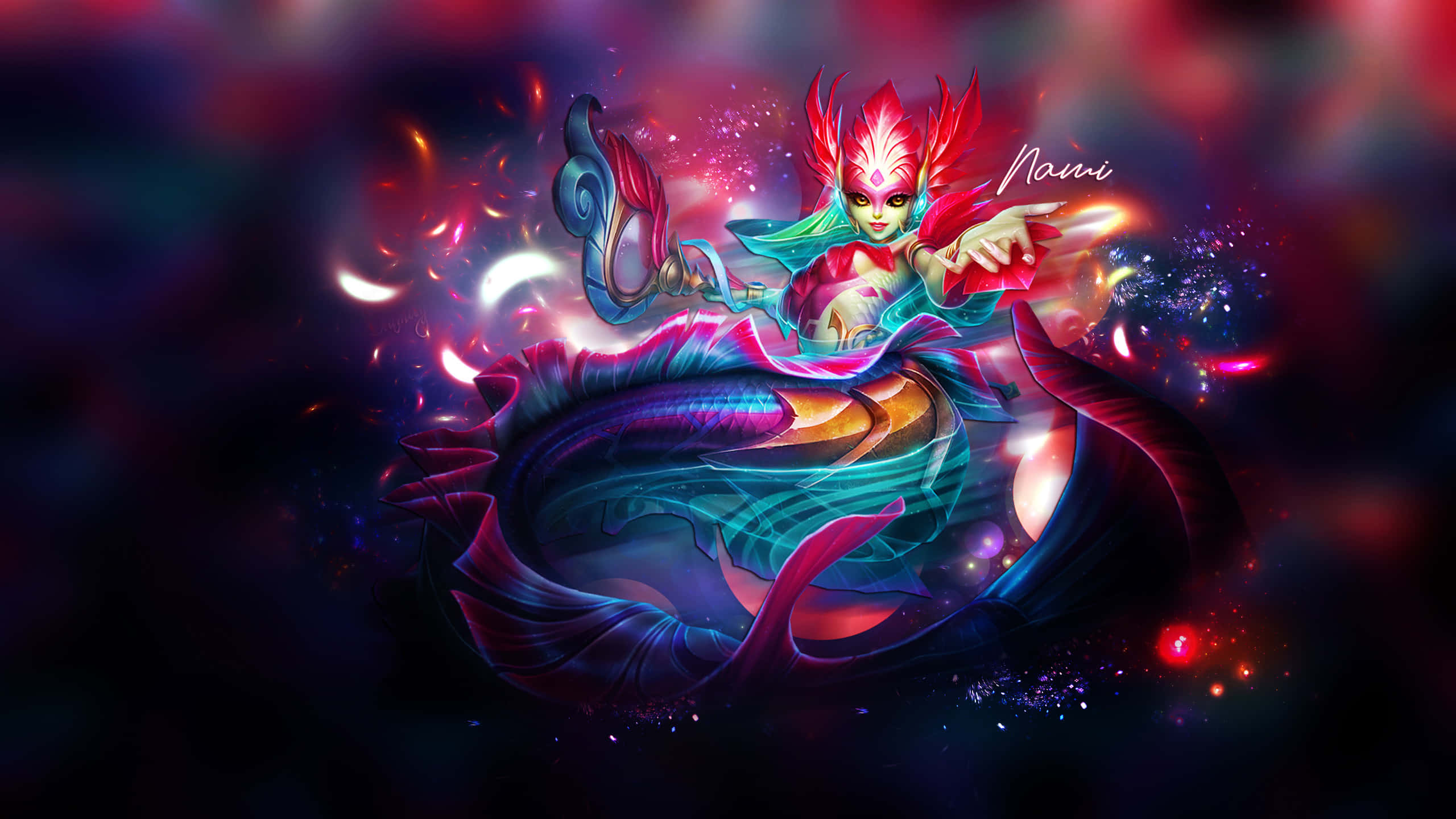 英雄聯盟 潮汐召喚者 娜美 2440x1440 背景 壁紙 — 一條充滿活力的動漫美人魚，擁有火紅的頭髮和發光的眼睛，騎著一條旋轉的彩色尾巴，穿過充滿閃爍粒子的宇宙星雲。