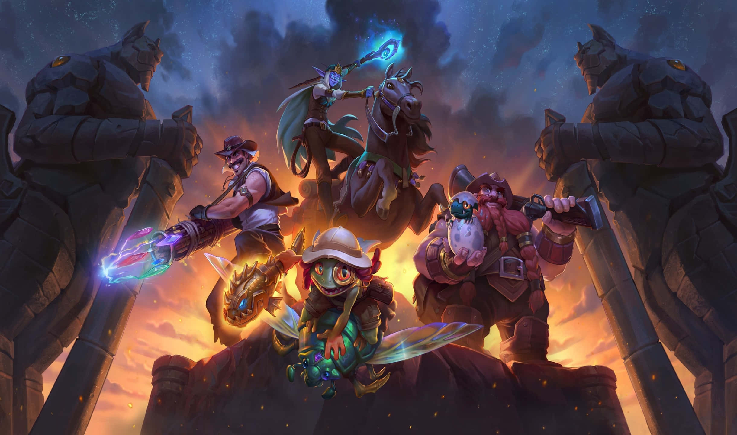 2440x1440 Hearthstone 恐怖墓穴數位藝術背景 壁紙 — 幻想英雄手持發光武器，挑釁地站在懸崖上，背景是熾熱的夕陽天空，由石巨人框住。