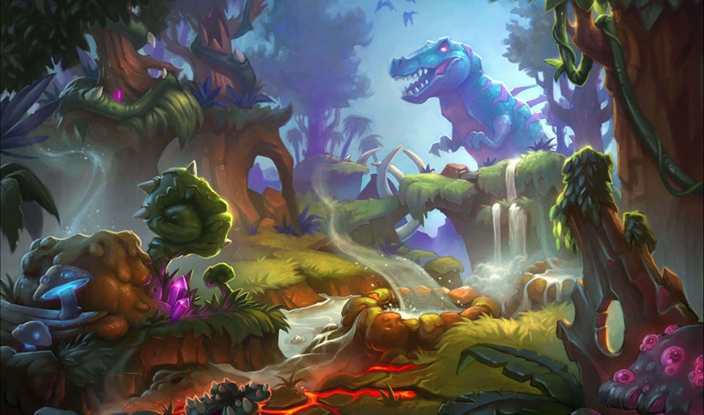 2440x1440 Hearthstone 幻想叢林烏納戈羅火山口背景 壁紙 — 一隻發光的紫色恐龍在長滿苔蘚的懸崖上，瀑布上方咆哮，奇幻的叢林中有發光的植物和熔岩流。