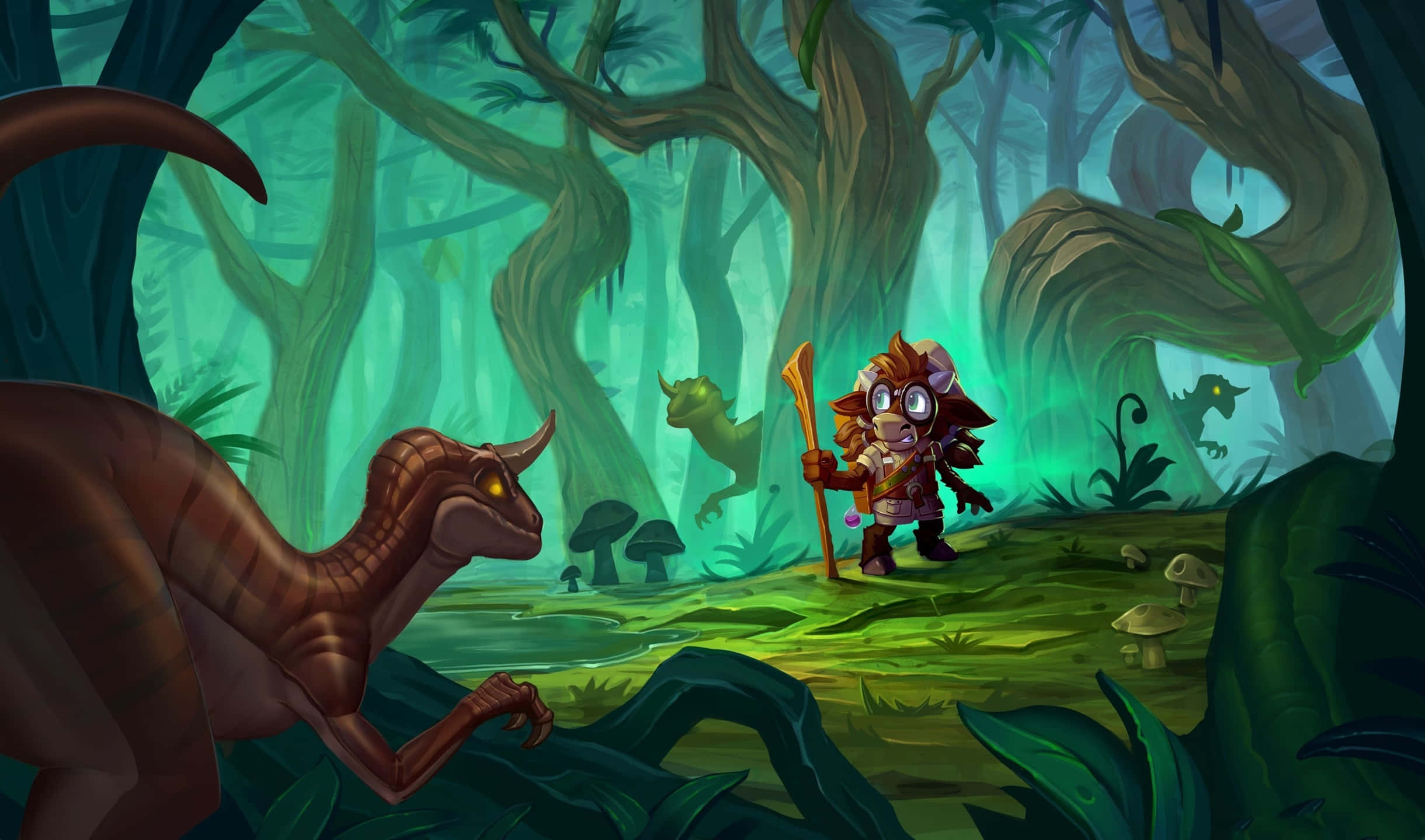 2440x1440 Hearthstone 沼澤女王背景 壁紙 — 一個手持法杖的小冒險家站在發光的綠色叢林中，面對一隻眼睛發光、長著大角的大型恐龍。
