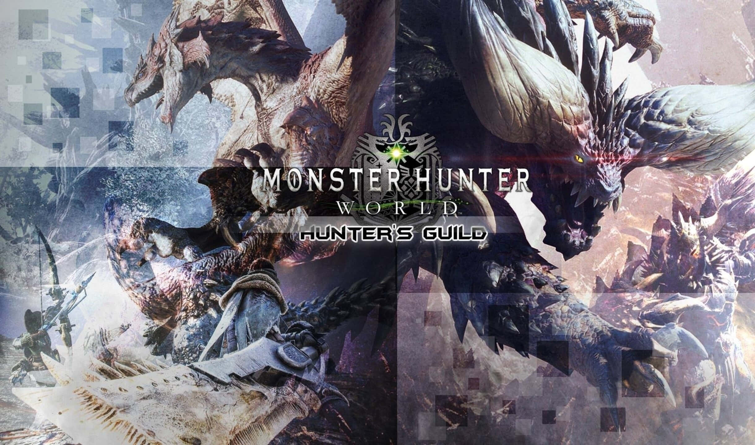 2440x1440 Monster Hunter World 獵人公會背景 壁紙 — 獵人在破碎的像素化幻想世界中與巨大的尖刺怪物戰鬥，眼睛發光，動作動感。