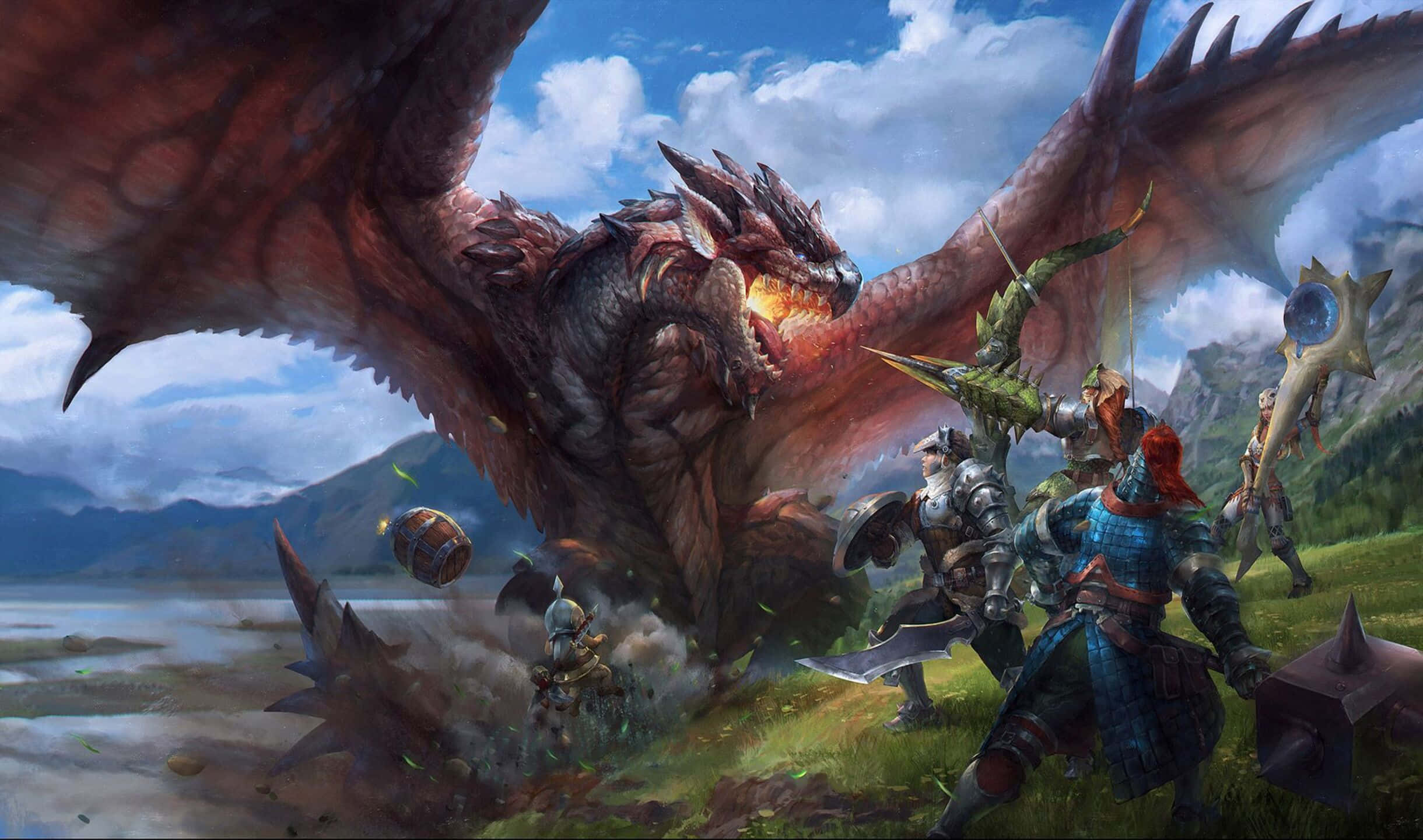 2440x1440 Monster Hunter World 射擊背景 壁紙 — 一隻巨大的紅龍，眼睛發光，在山谷中對一群身穿盔甲的冒險者咆哮。