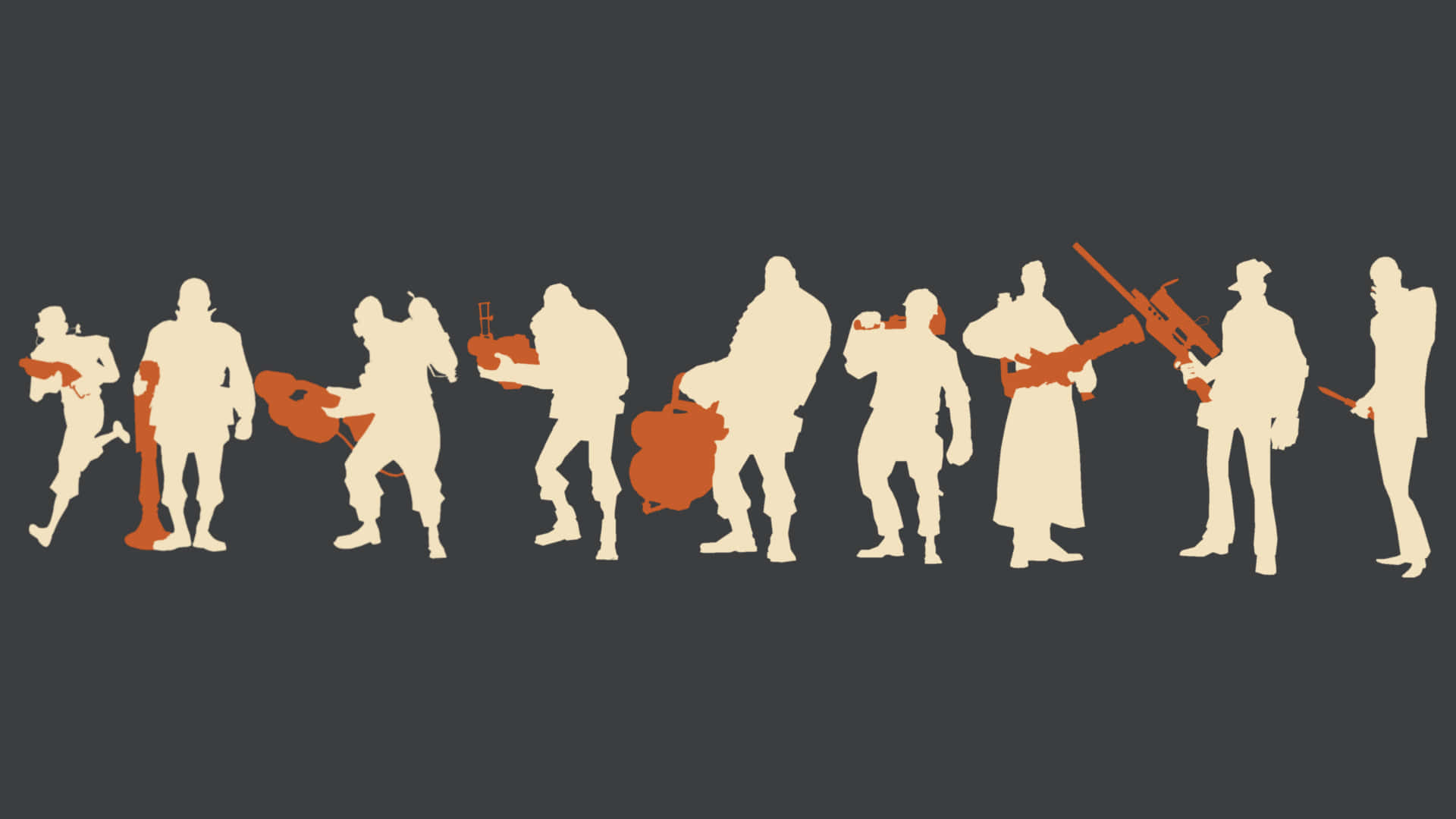 2440x1440 Team Fortress 2 矢量剪影背景 壁紙 — 奶油色和橙色的剪影人物在深灰色背景上手持各種武器。