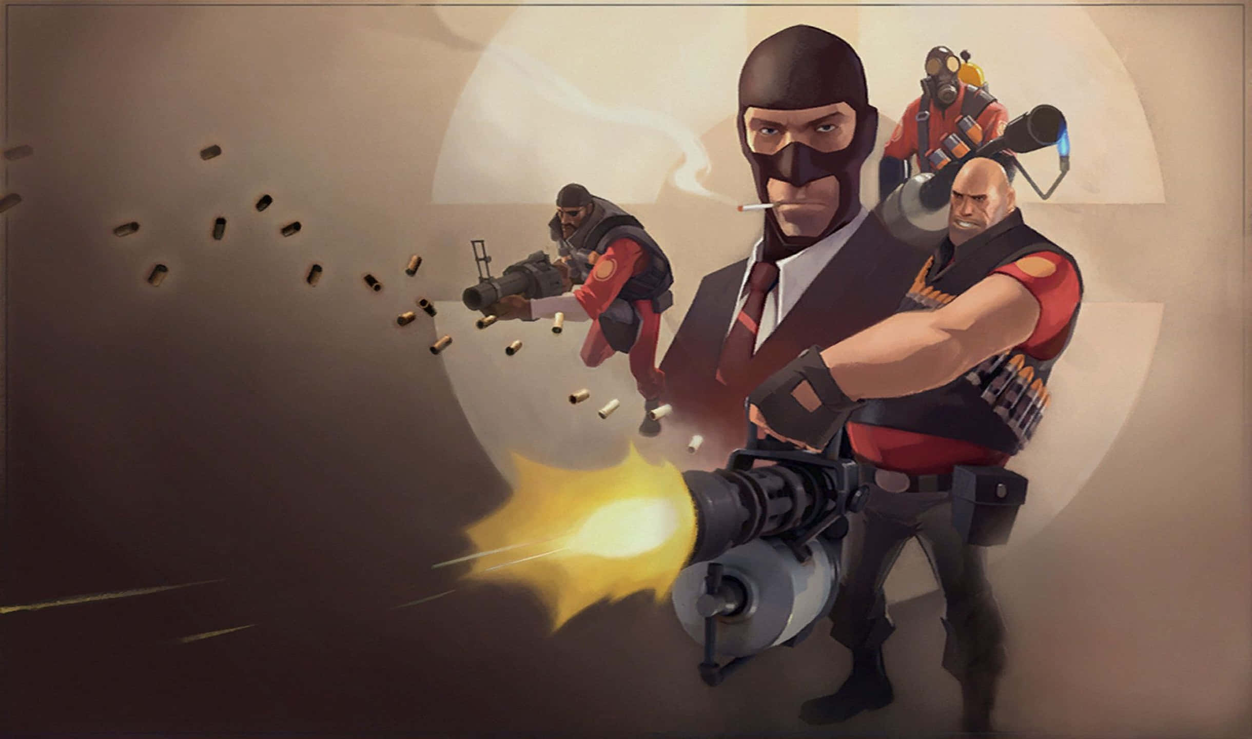 2440x1440 Team Fortress 2 特工與重裝兵背景 壁紙 — 一個戴著面具的士兵發射重型武器，彈殼在空中飛舞的風格化數位藝術插圖。