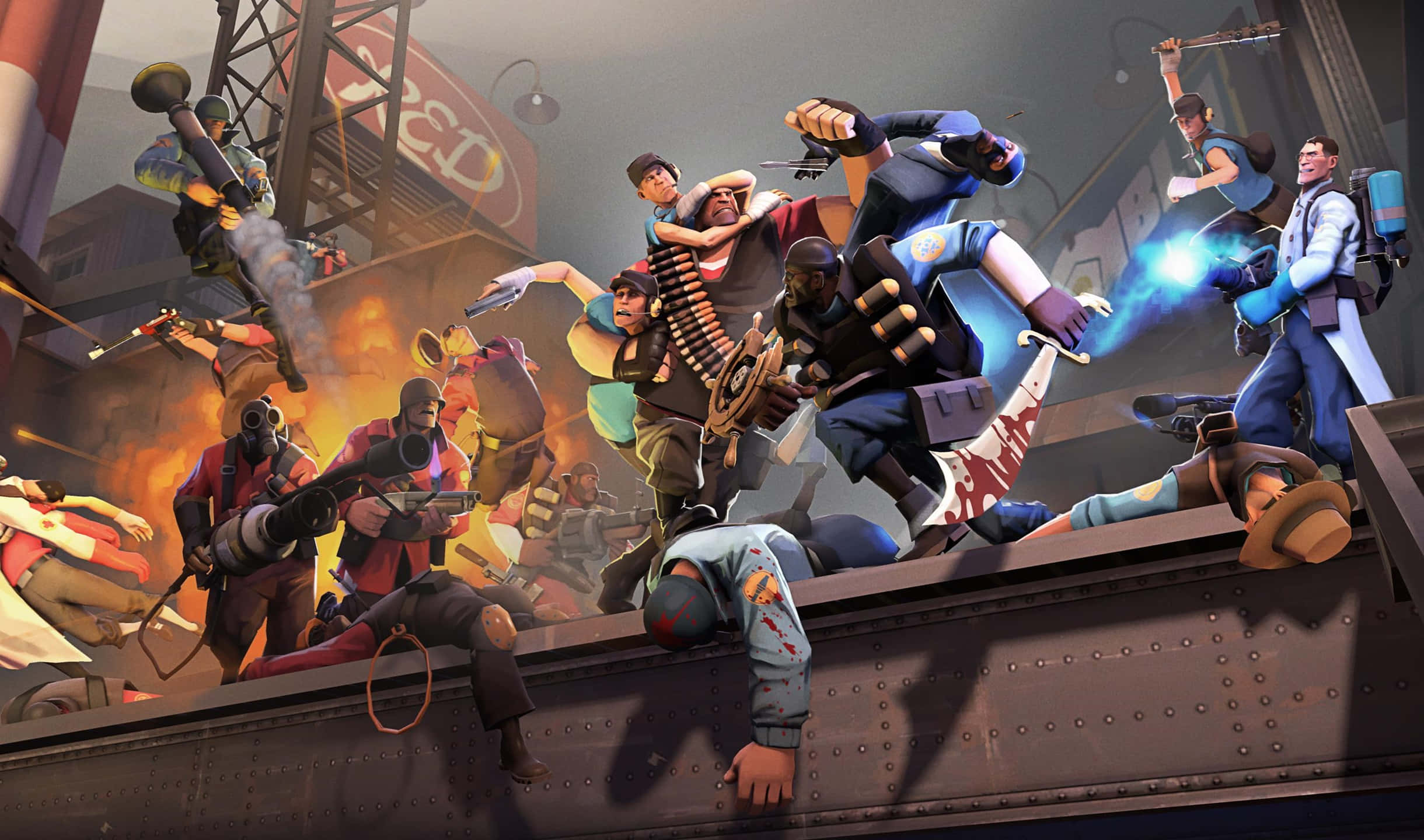 2440x1440 Team Fortress 2 紅隊對藍隊背景 壁紙 — 在工業屋頂上進行戰鬥的動態Overwatch團隊，伴隨著爆炸和發光武器。