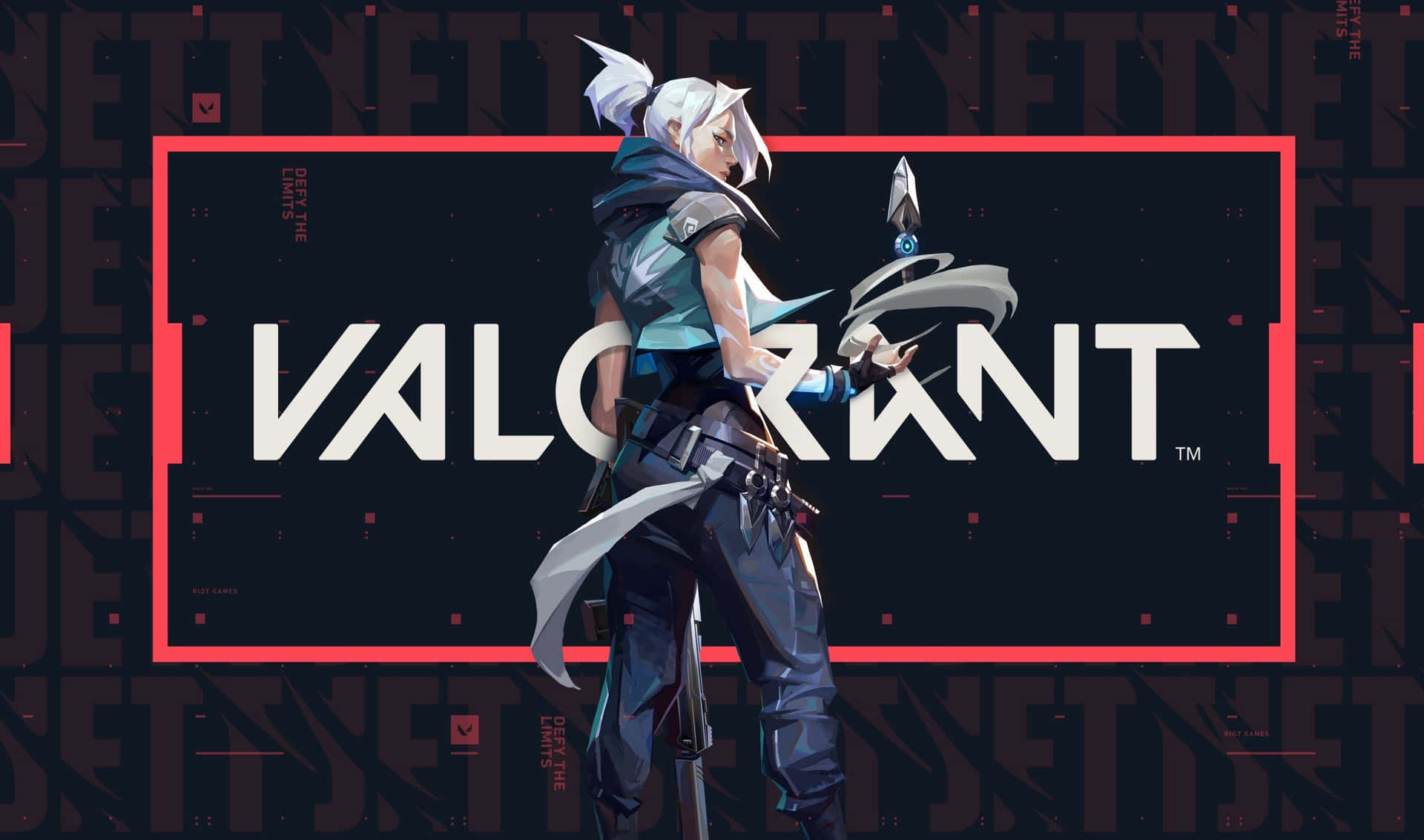 Valorant遊戲角色，白髮和未來裝備，手持武器。