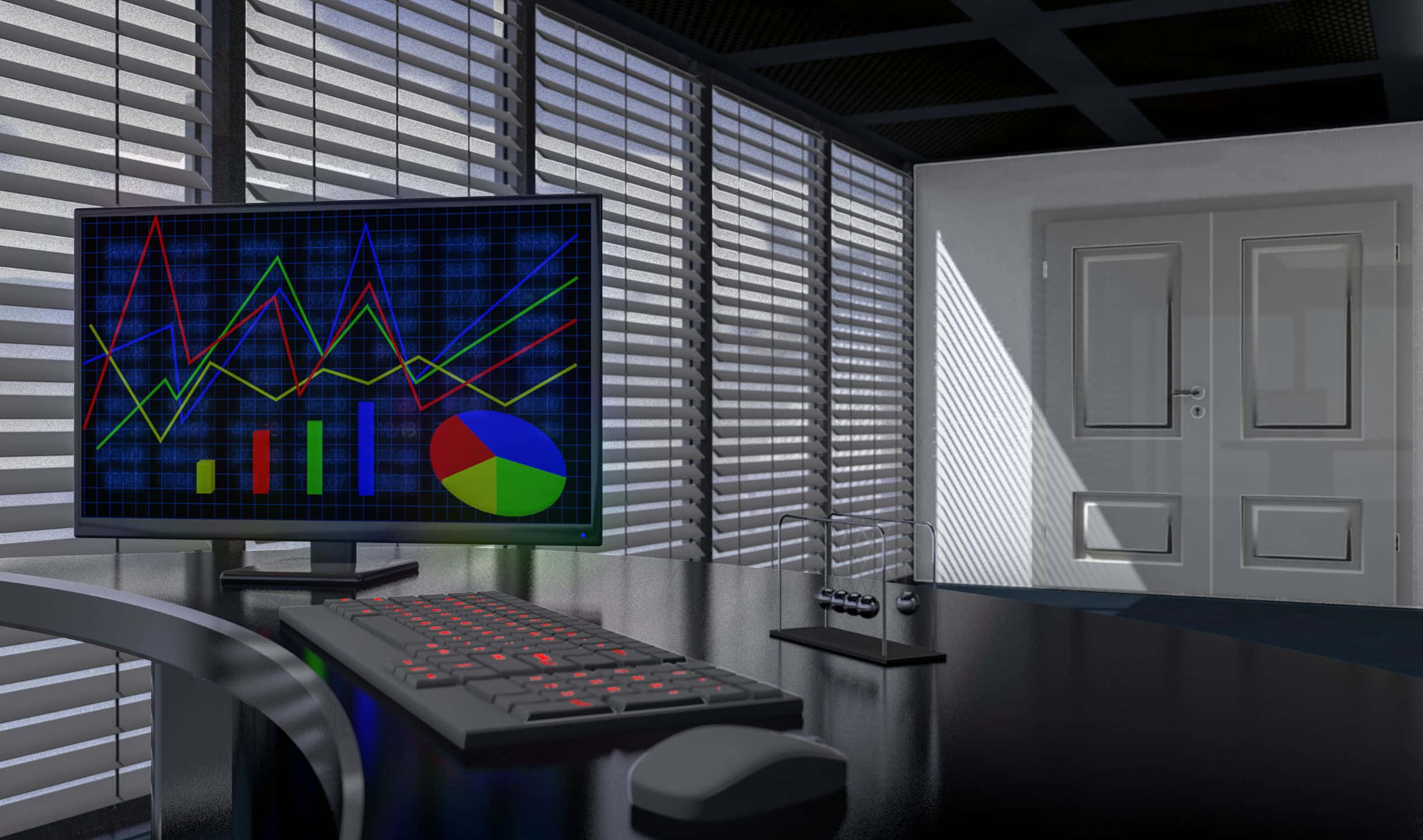 2440x1440 商業辦公室背景 壁紙 — 時尚現代辦公桌，配有發光顯示器，在明亮的百葉窗下顯示彩色財務圖表和圖形。