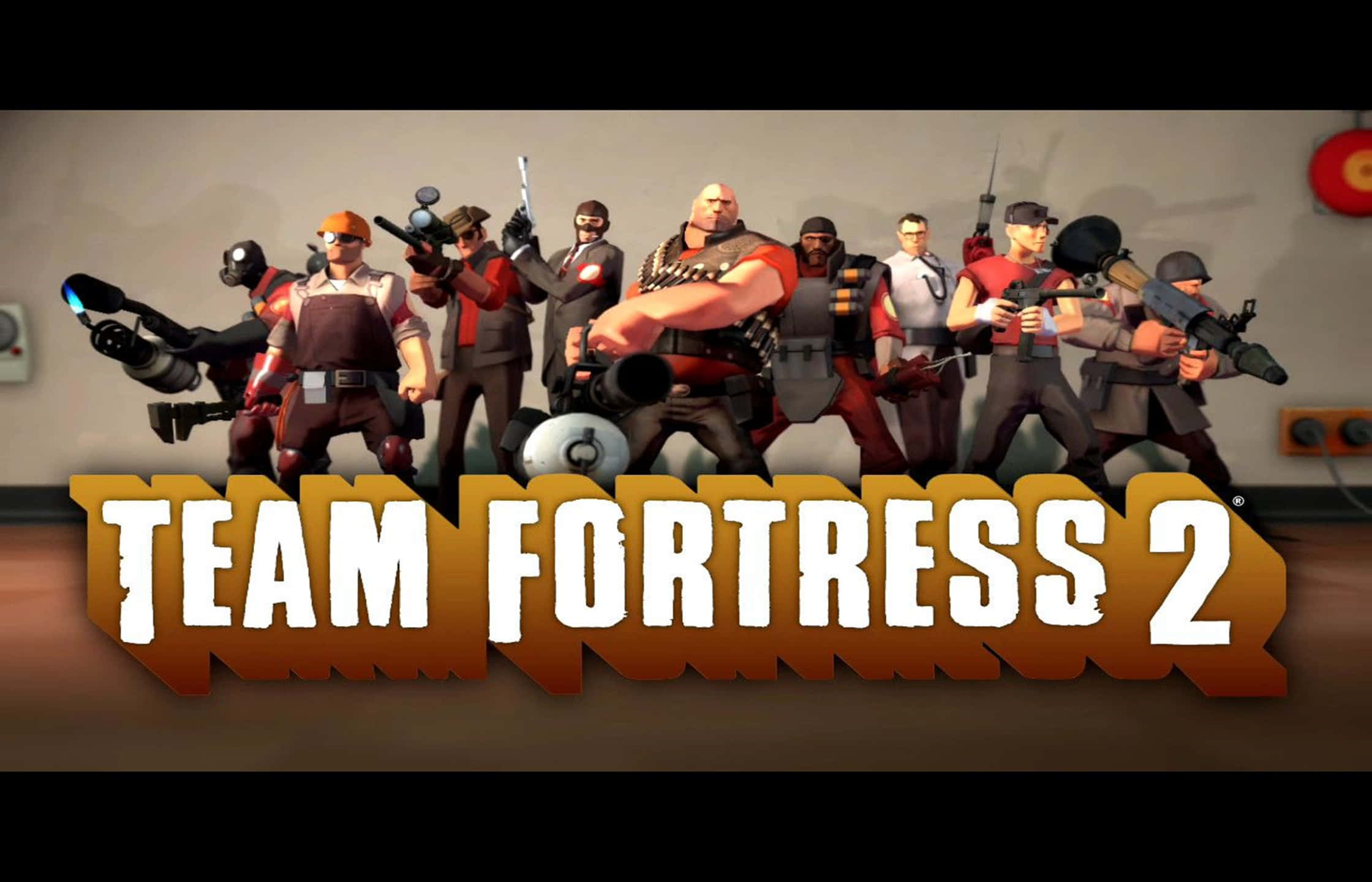2440x1440《團隊戰爭2》多人射擊遊戲背景 壁紙 — 一群來自《Team Fortress 2》的風格化電子遊戲角色排成一排，手持各種武器。