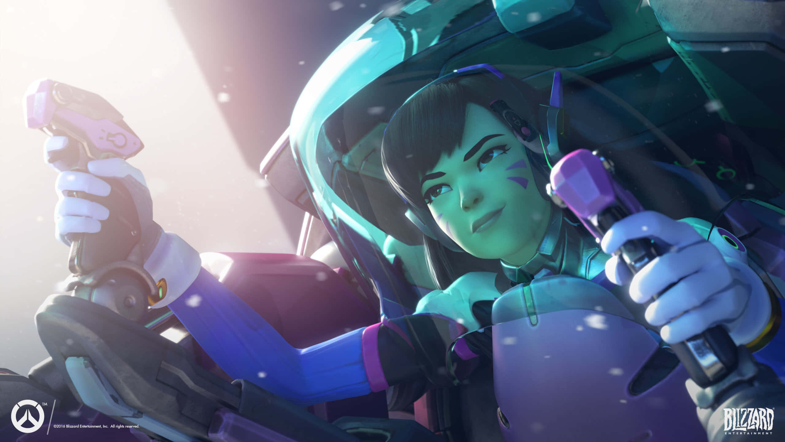2440x1440 守望先鋒背景 D.Va 壁紙 — 一位女性玩家在未來風格的駕駛艙中緊握控制器，陽光穿過她周圍的雪花灑落。