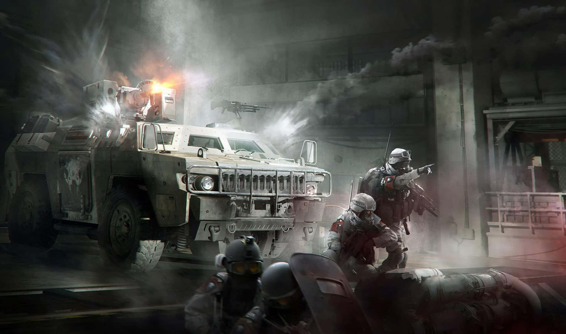 戰術士兵在夜晚的廢墟城市中，與裝甲車一起穿過煙霧移動。