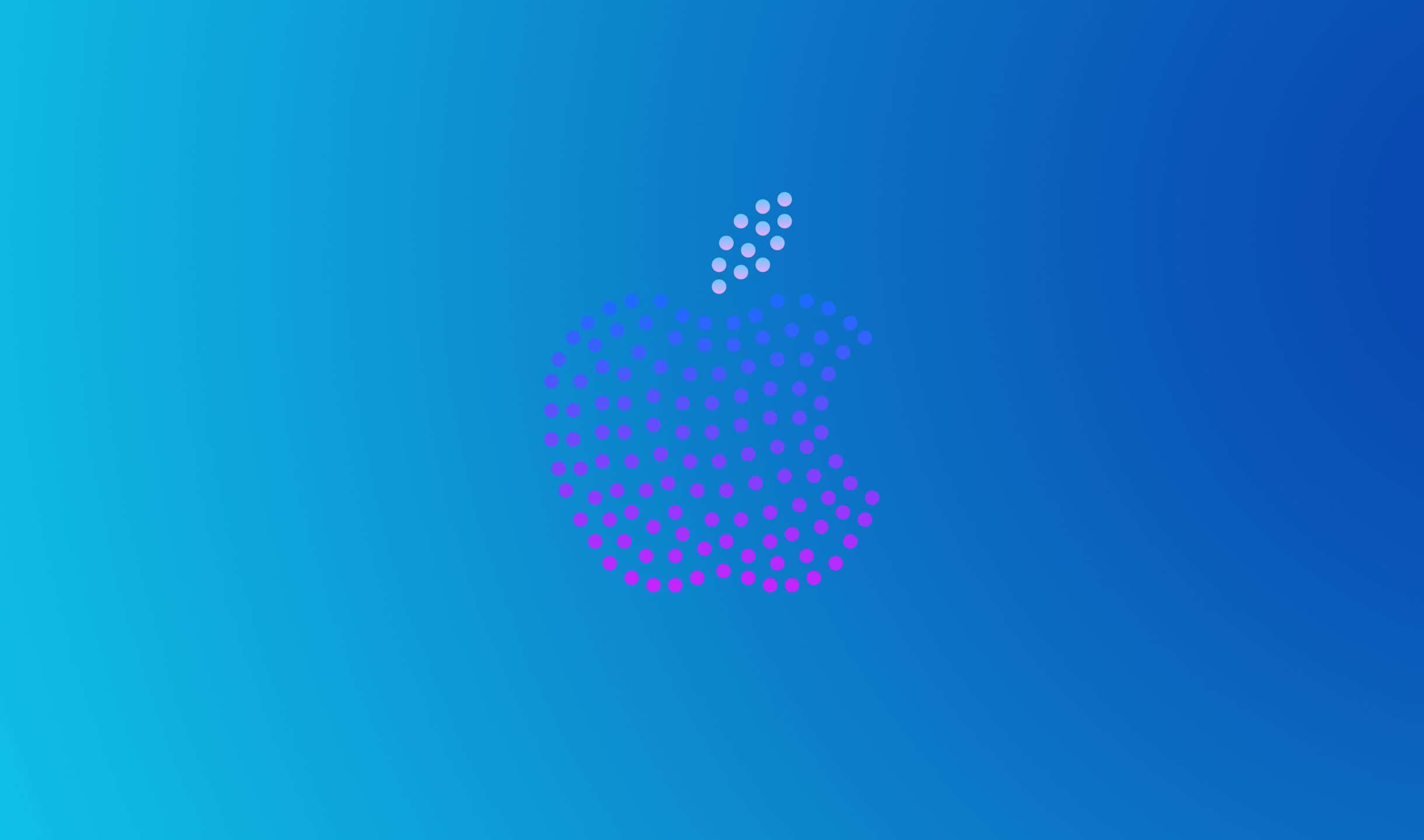 2440x1440 梯度藍蘋果標誌背景 壁紙 — 一個發光的Apple標誌，由紫色漸變點組成，居中於藍色漸變背景上。