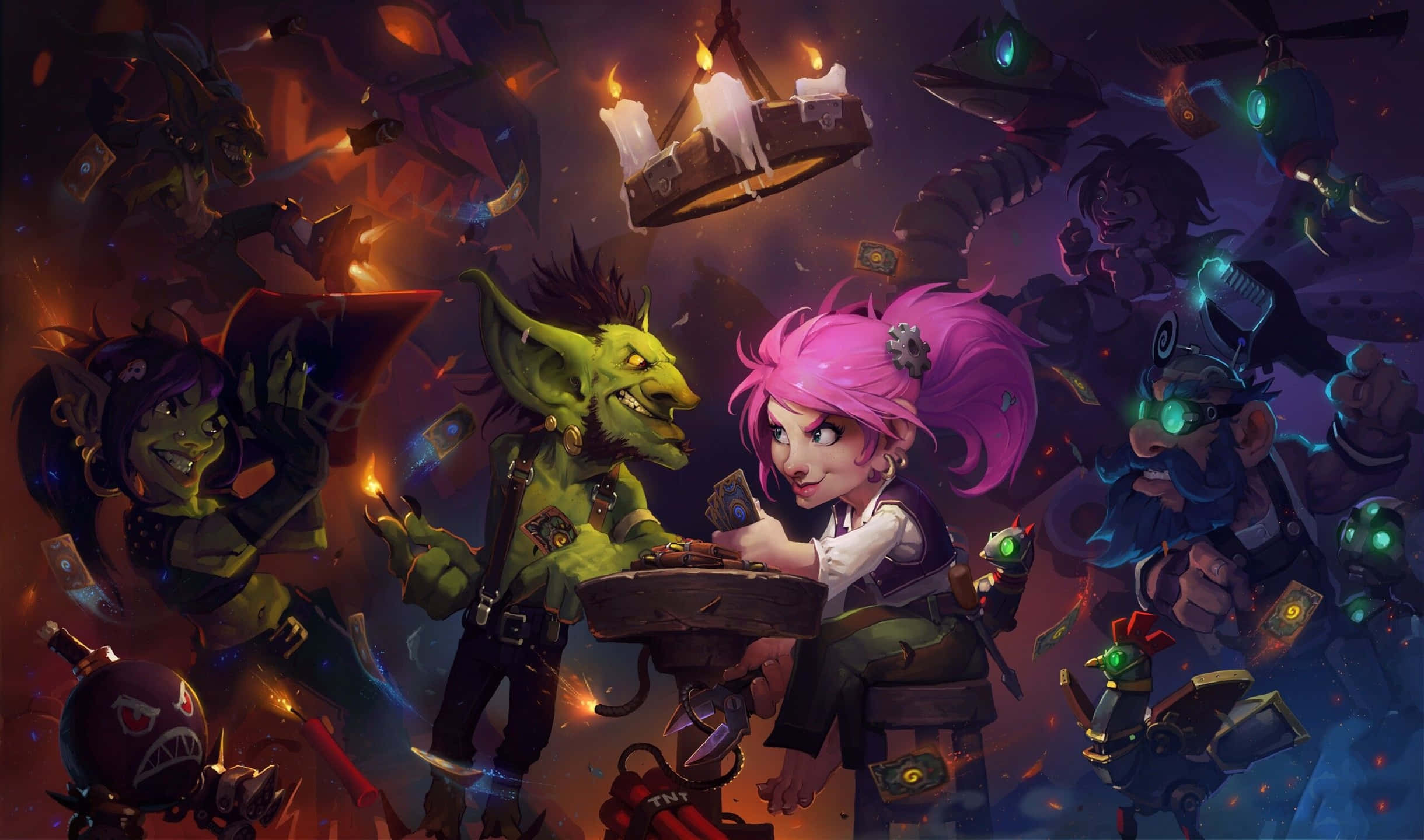2440x1440 爐石傳說地精對 gnome 背景 壁紙 — 一幅充滿活力的奇幻插畫，描繪一位粉紅髮少女和綠色哥布林在混亂熾熱的酒館中與發光生物玩紙牌。