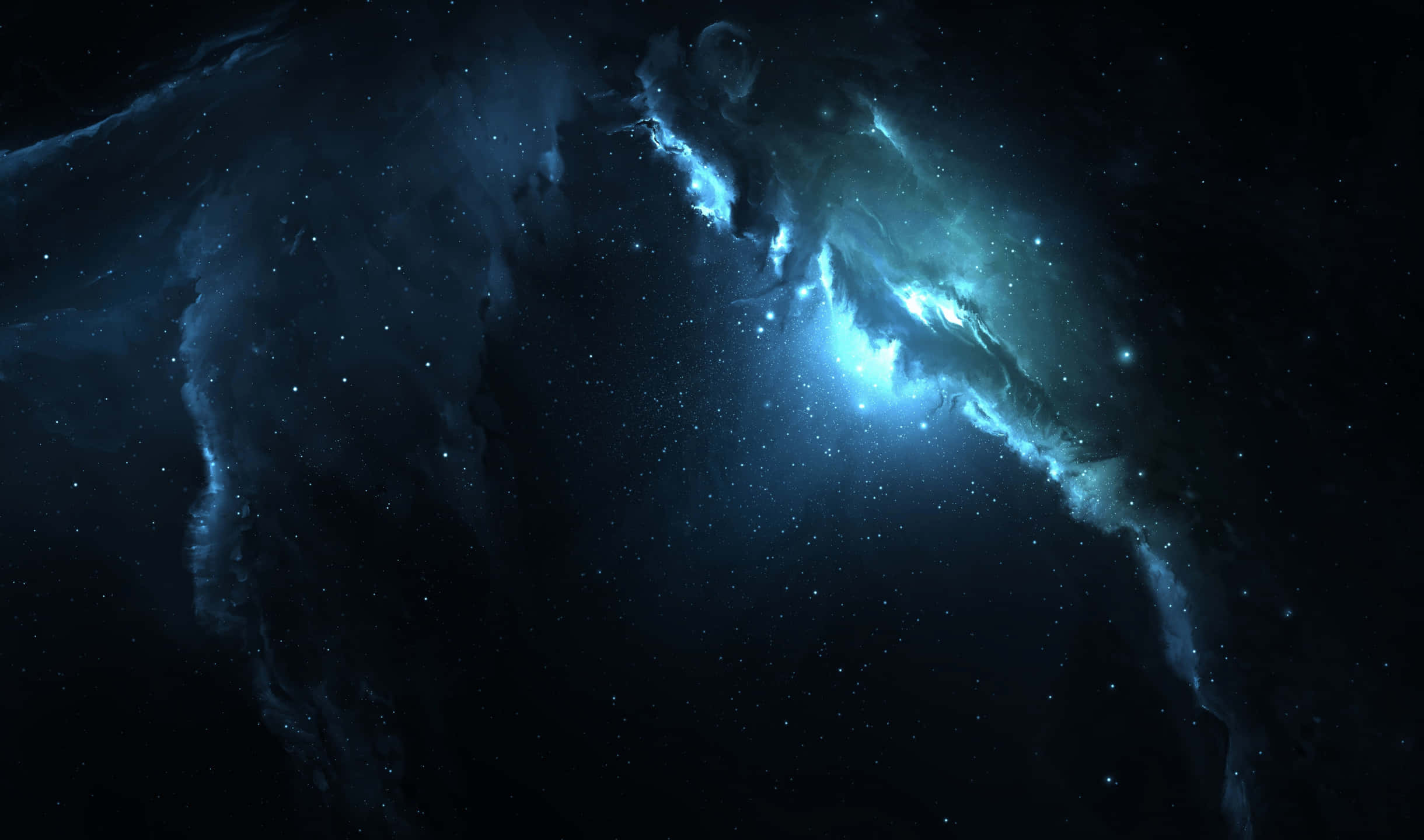 2440x1440 監視器背景上的壯麗山景 壁紙 — 一個宇宙星雲在深空的星場背景下發出電光藍和青綠色的光芒。