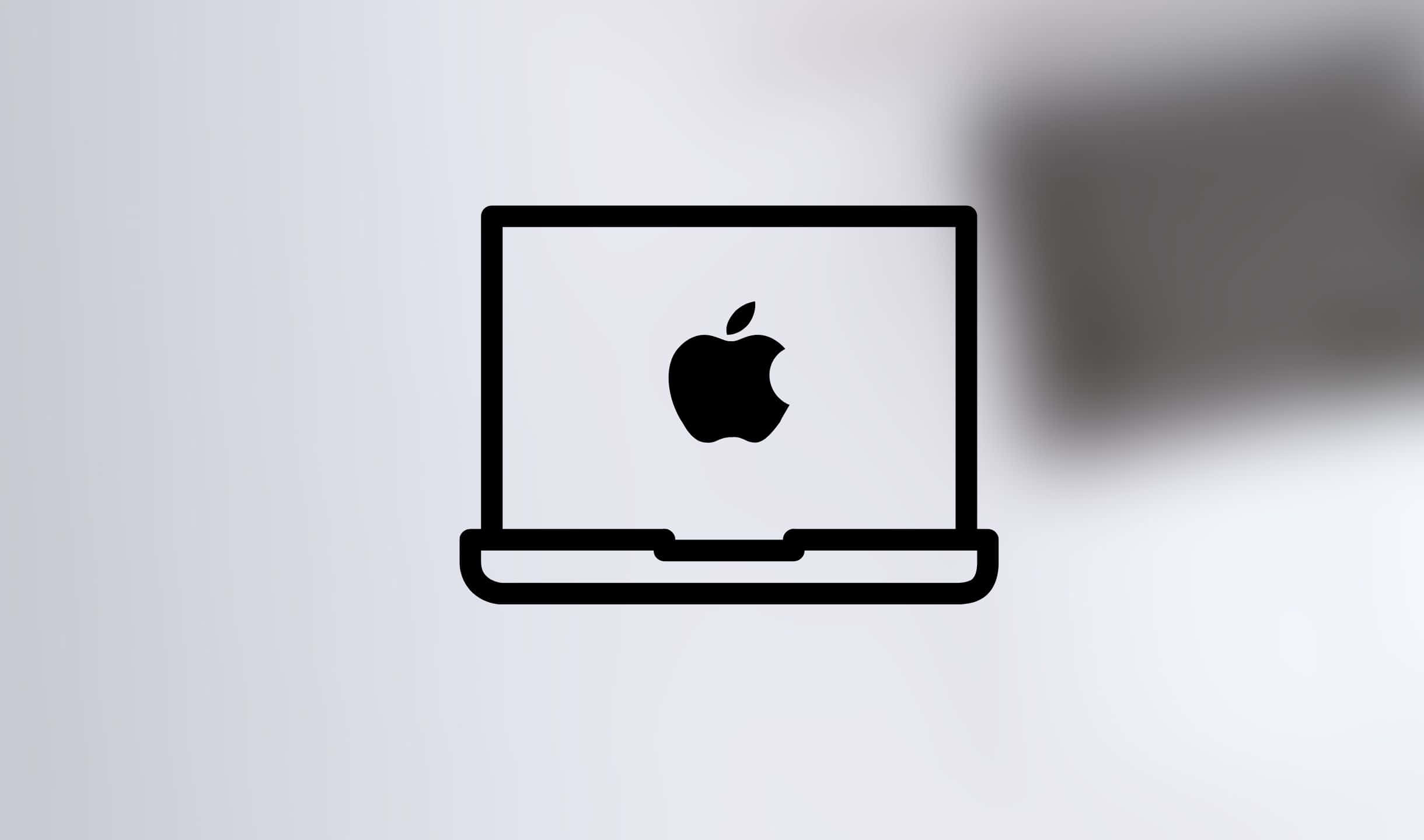 2440x1440 簡約 Apple 標誌藝術背景 壁紙 — 簡約黑色線條圖標，顯示帶有Apple標誌的筆記型電腦，背景為柔和漸變色。