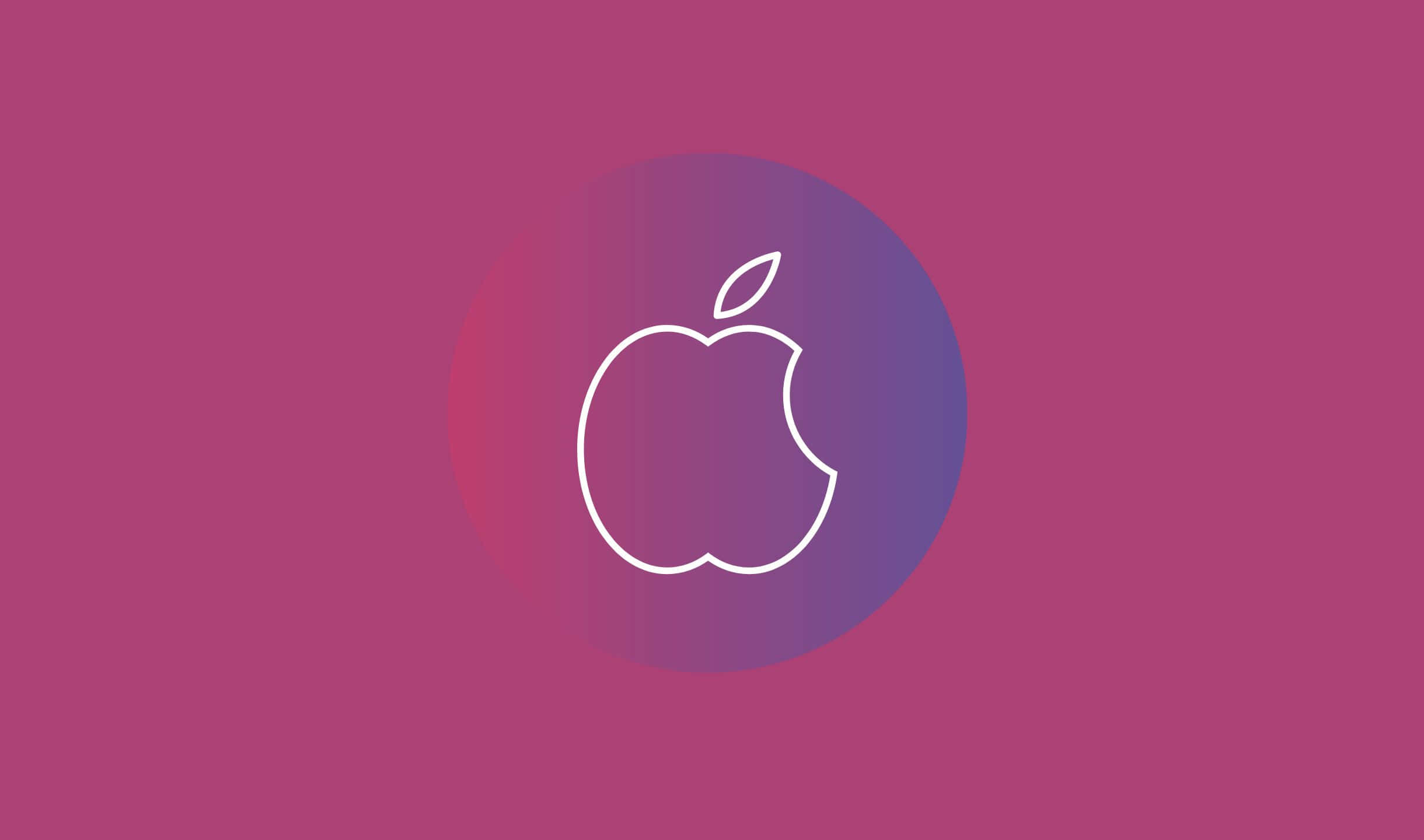 2440x1440 紫色 Apple 背景 壁紙 — 一個極簡的白色Apple標誌，輪廓在漸變洋紅色和紫色的圓形背景上。