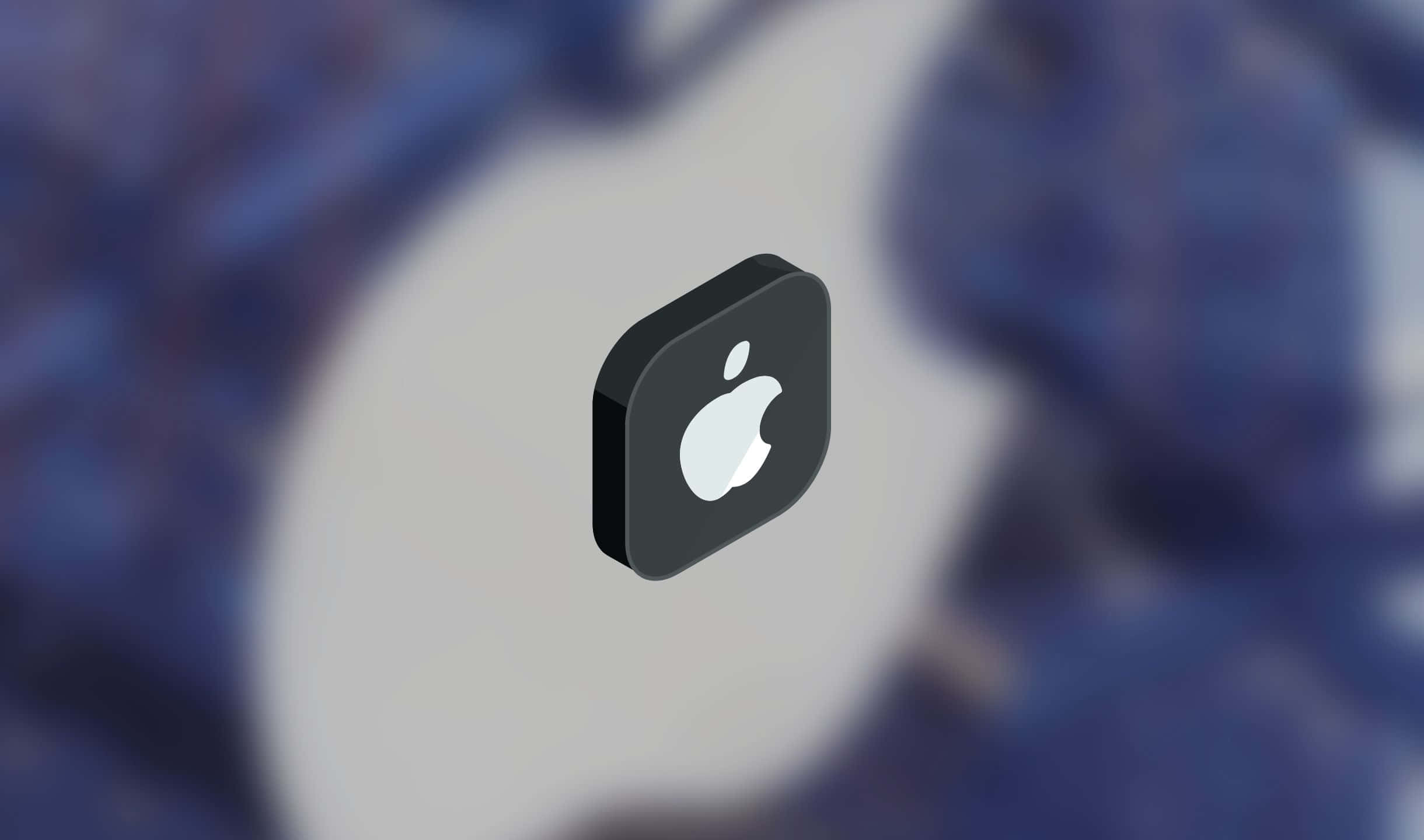 2440x1440 蘋果標誌 3D 芯片設計背景 壁紙 — 一個時尚的黑色Apple應用程式圖示漂浮在模糊的藍色和白色抽象背景上。